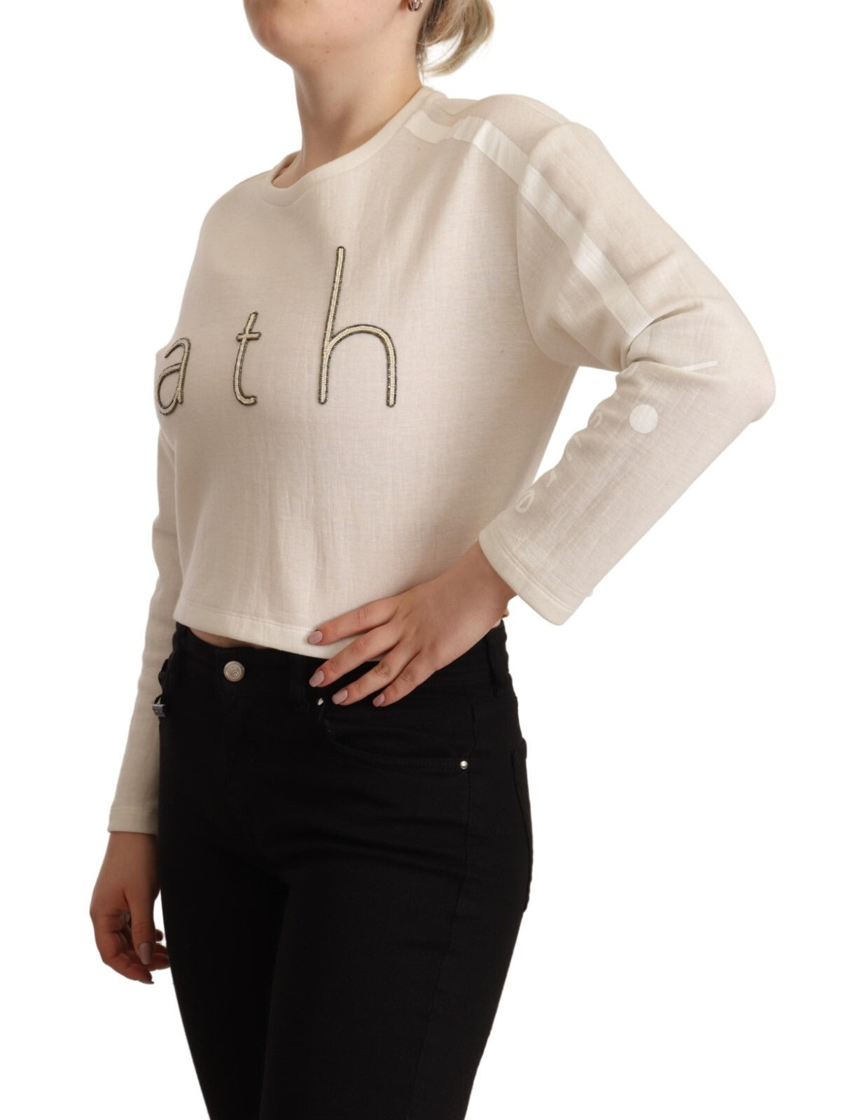 Beige Logo Long Sleeve Cropped Pullover Sweater