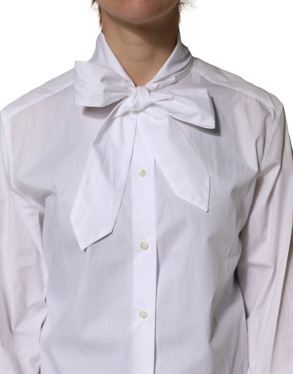 White Cotton Bow Tie Long Sleeves Blouse Top