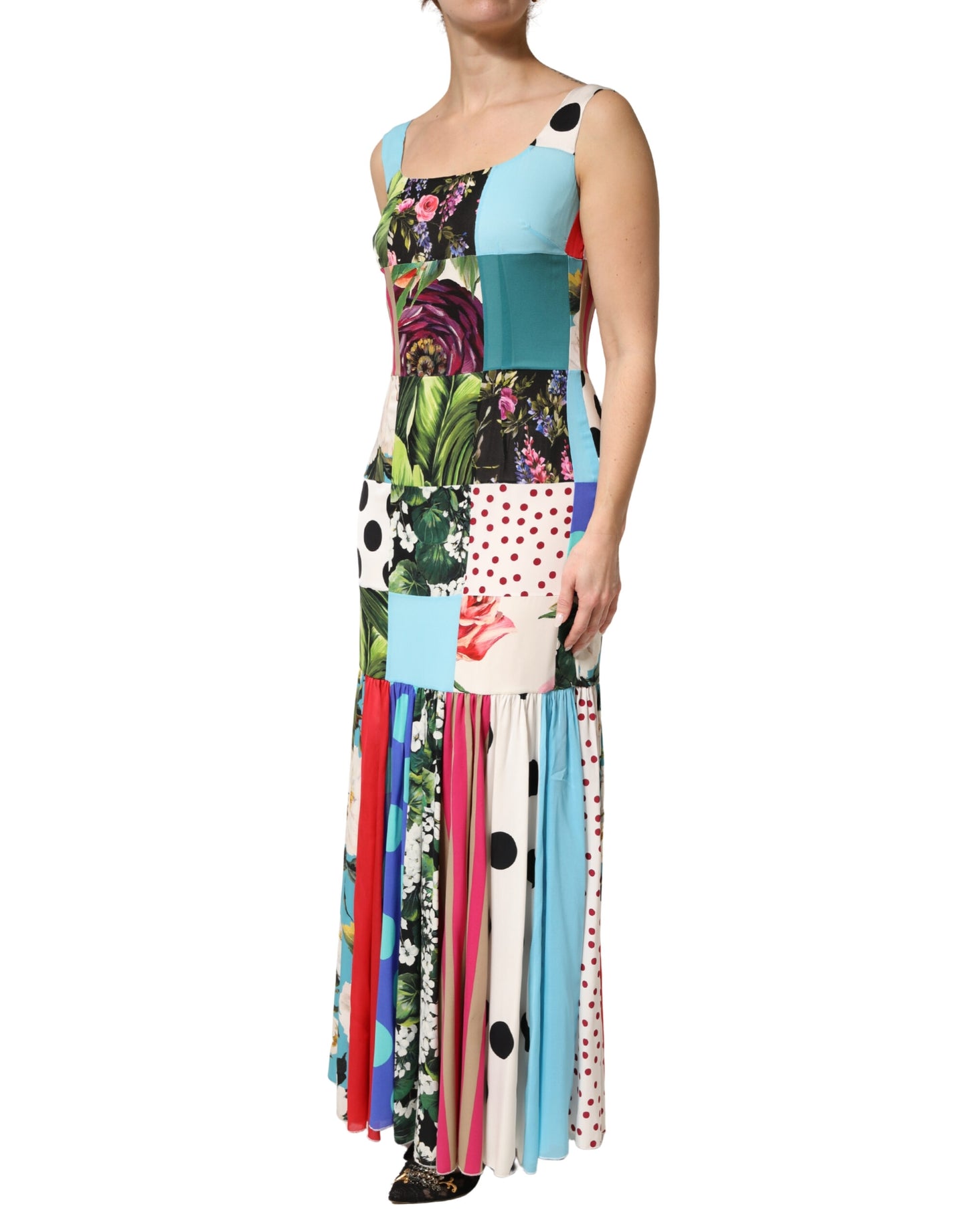 Multicolor Patchwork Silk Sleeveless Dress