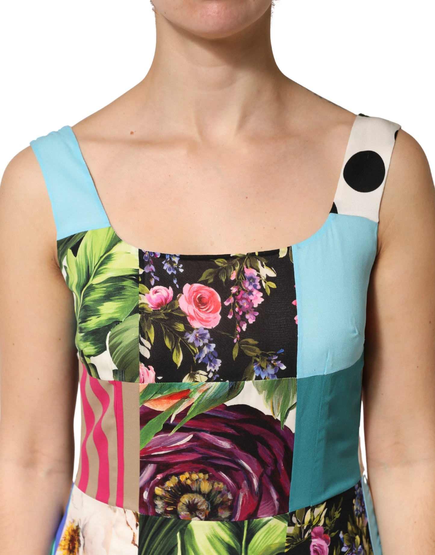 Multicolor Patchwork Silk Sleeveless Dress