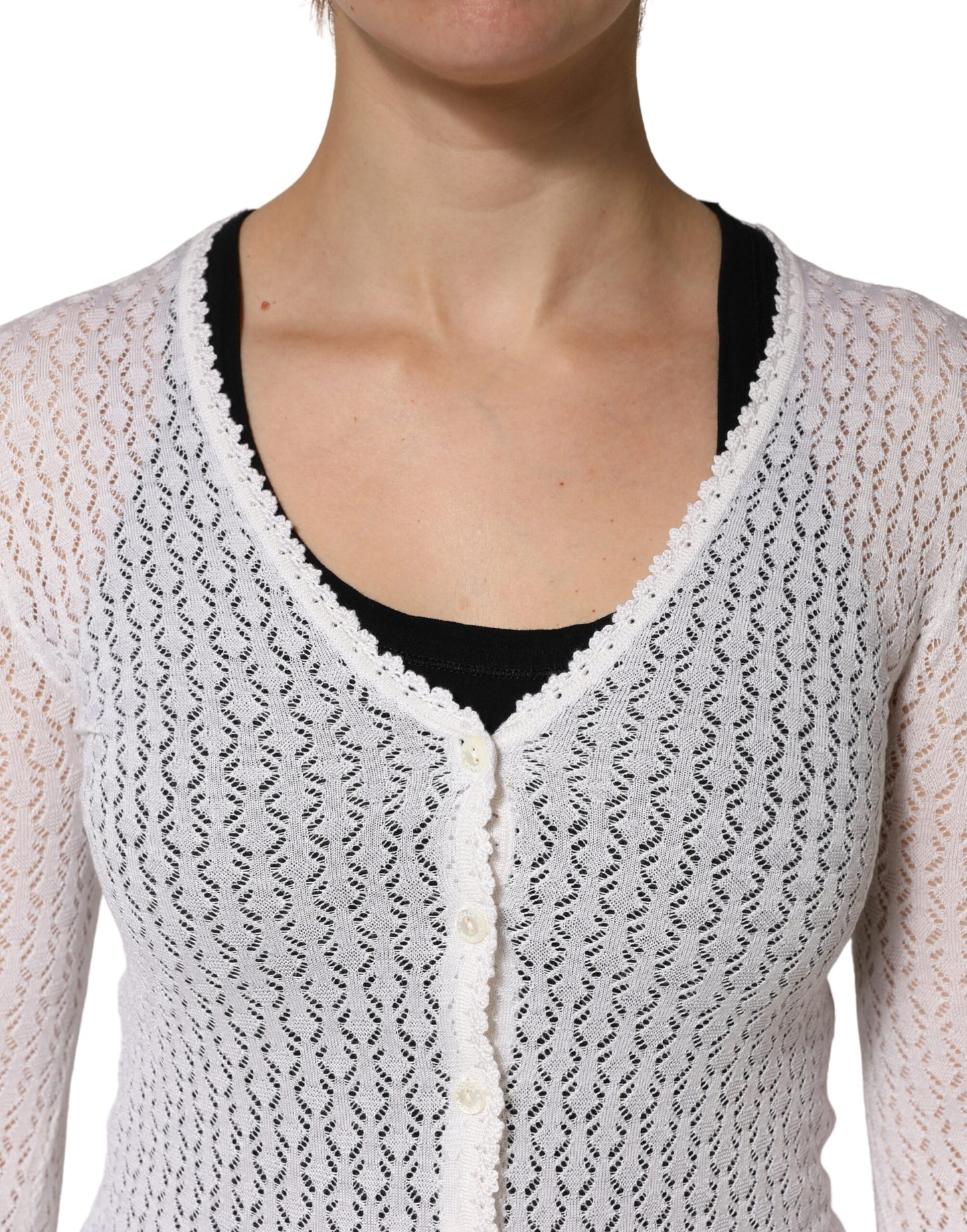 White Lace Silk Knit Long Sleeves Cardigan Top