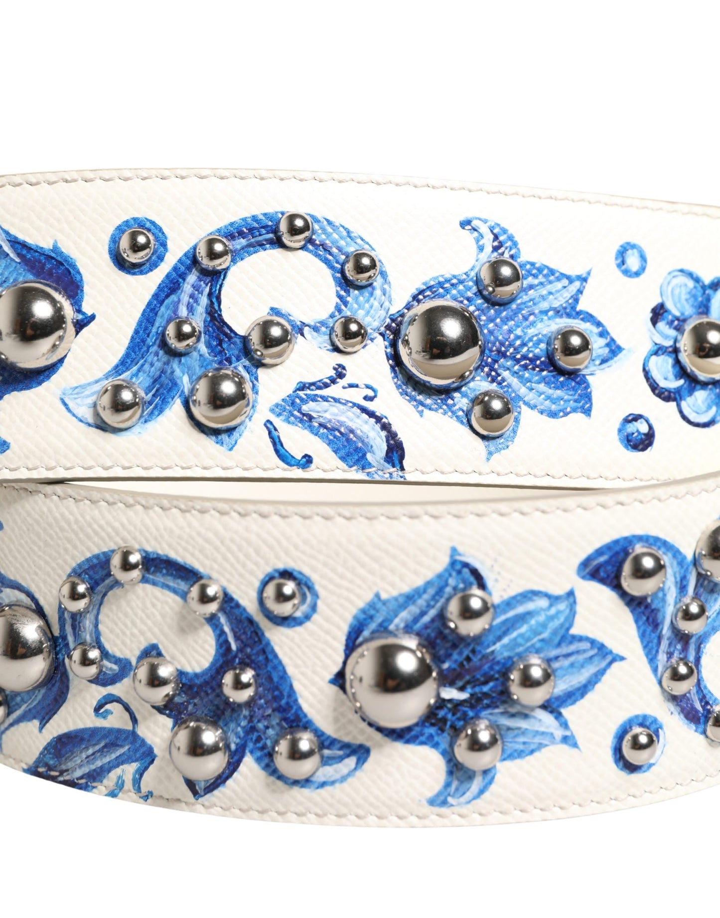 White Blue Floral Leather Stud Accessory Shoulder Strap