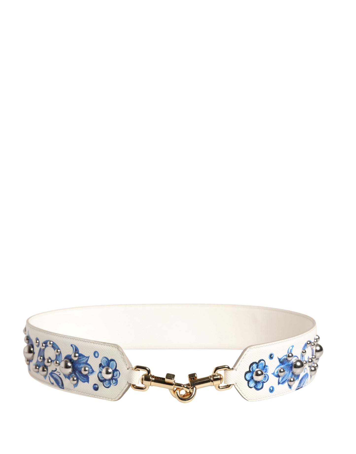 White Blue Floral Leather Stud Accessory Shoulder Strap