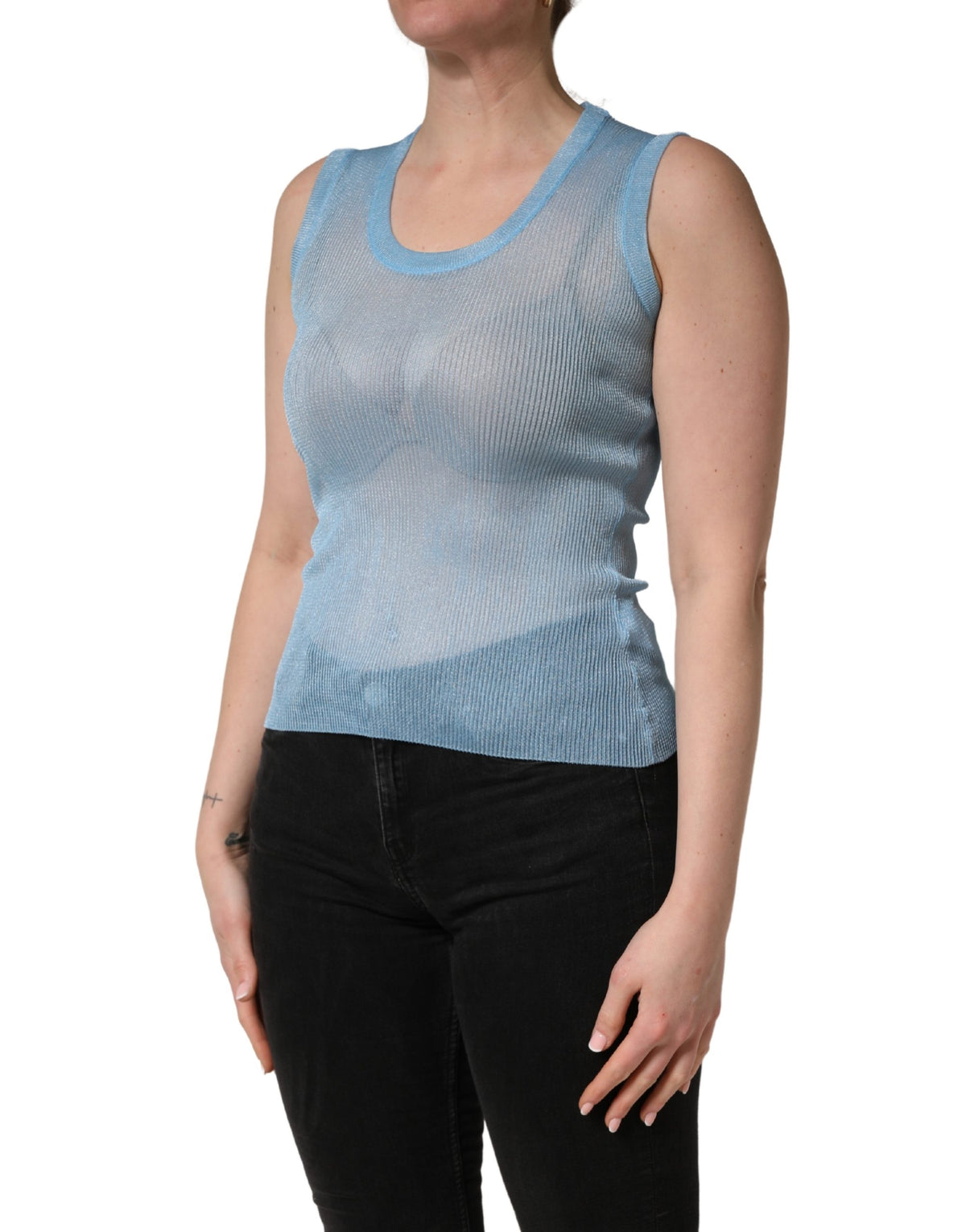 Blue Semi Sheer Ribbed Sleeveless Tank Top