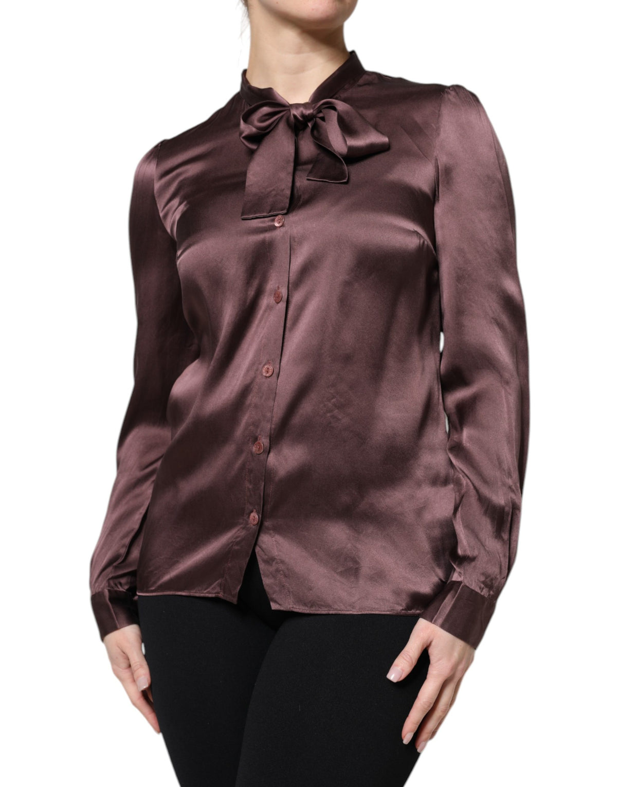 Violet Satin Long Sleeve Ascot Tie Shirt Top