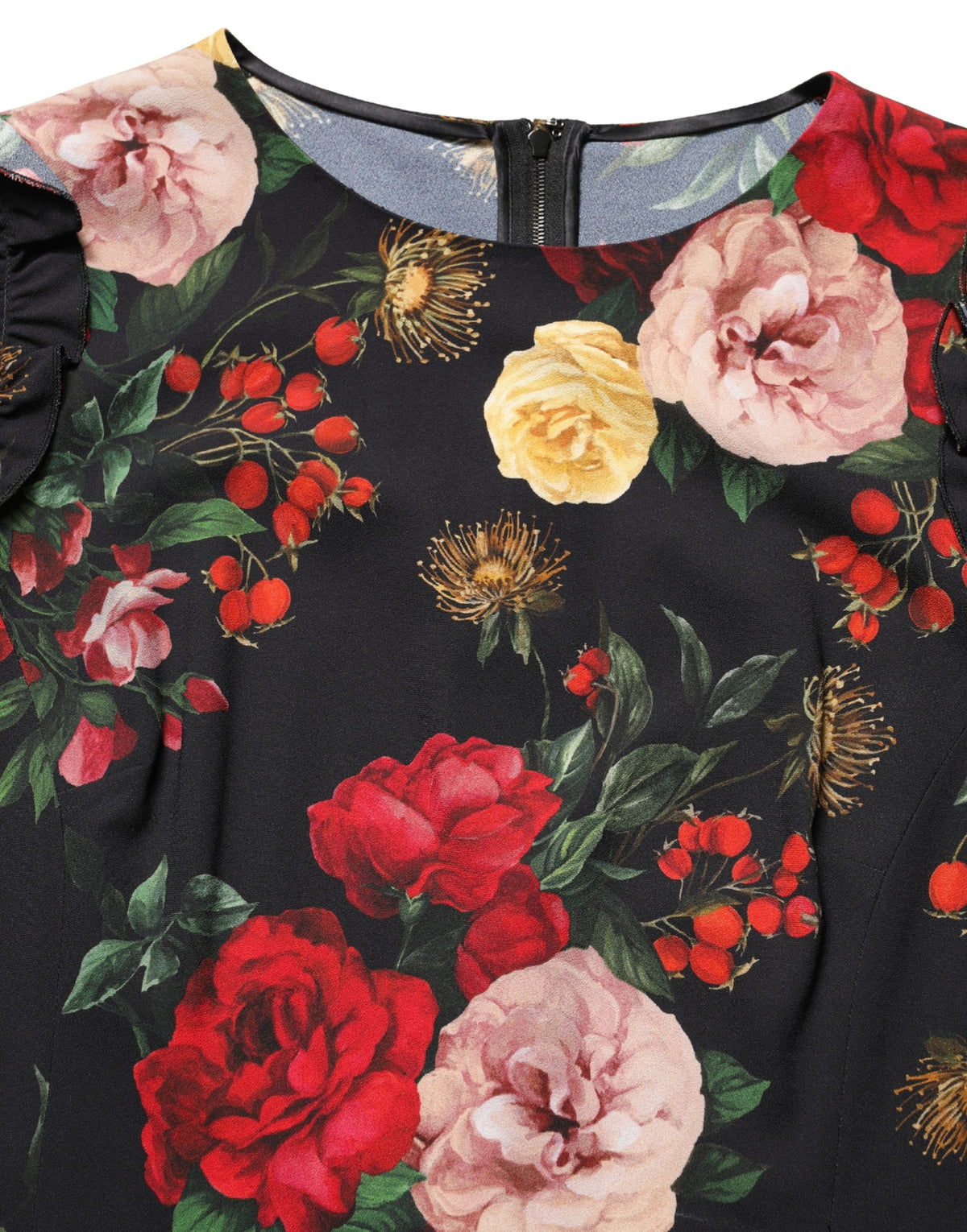 Black Floral Crepe Frill Detail Blouse Top