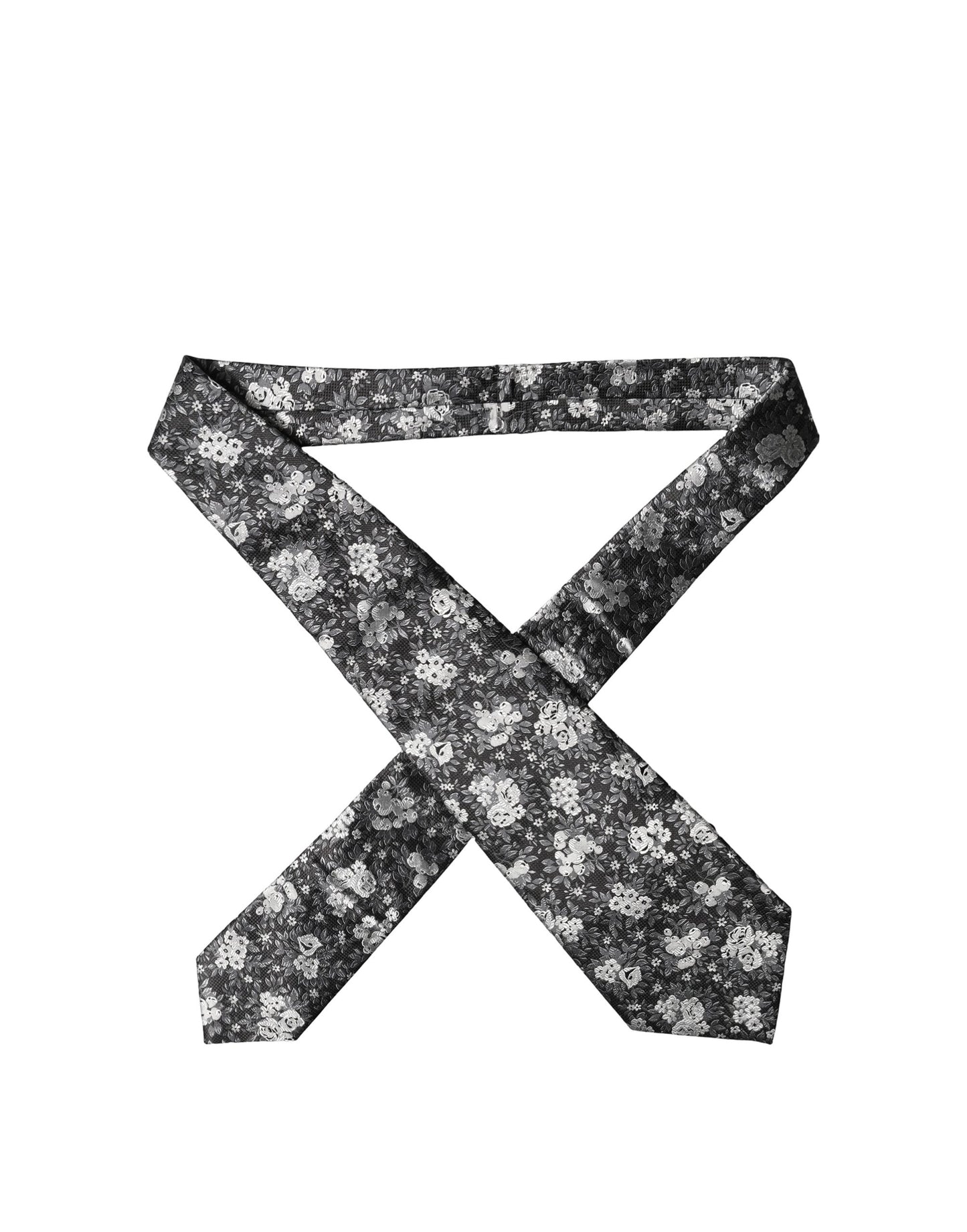 Dark Gray White Floral Silk Adjustable Women Necktie Tie