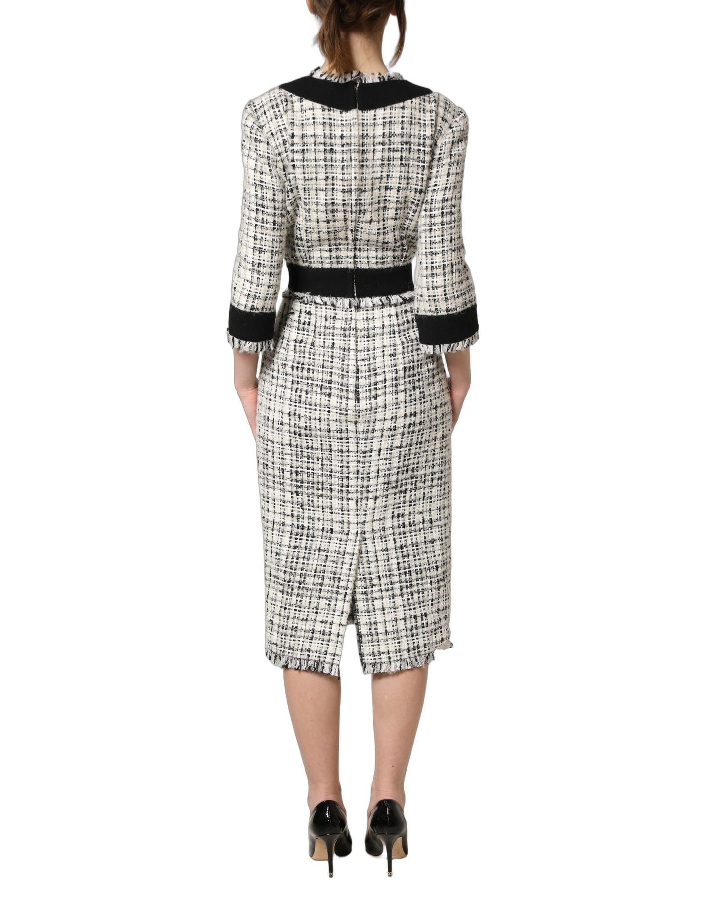 Black White Tweed Sheath A-line Midi Dress