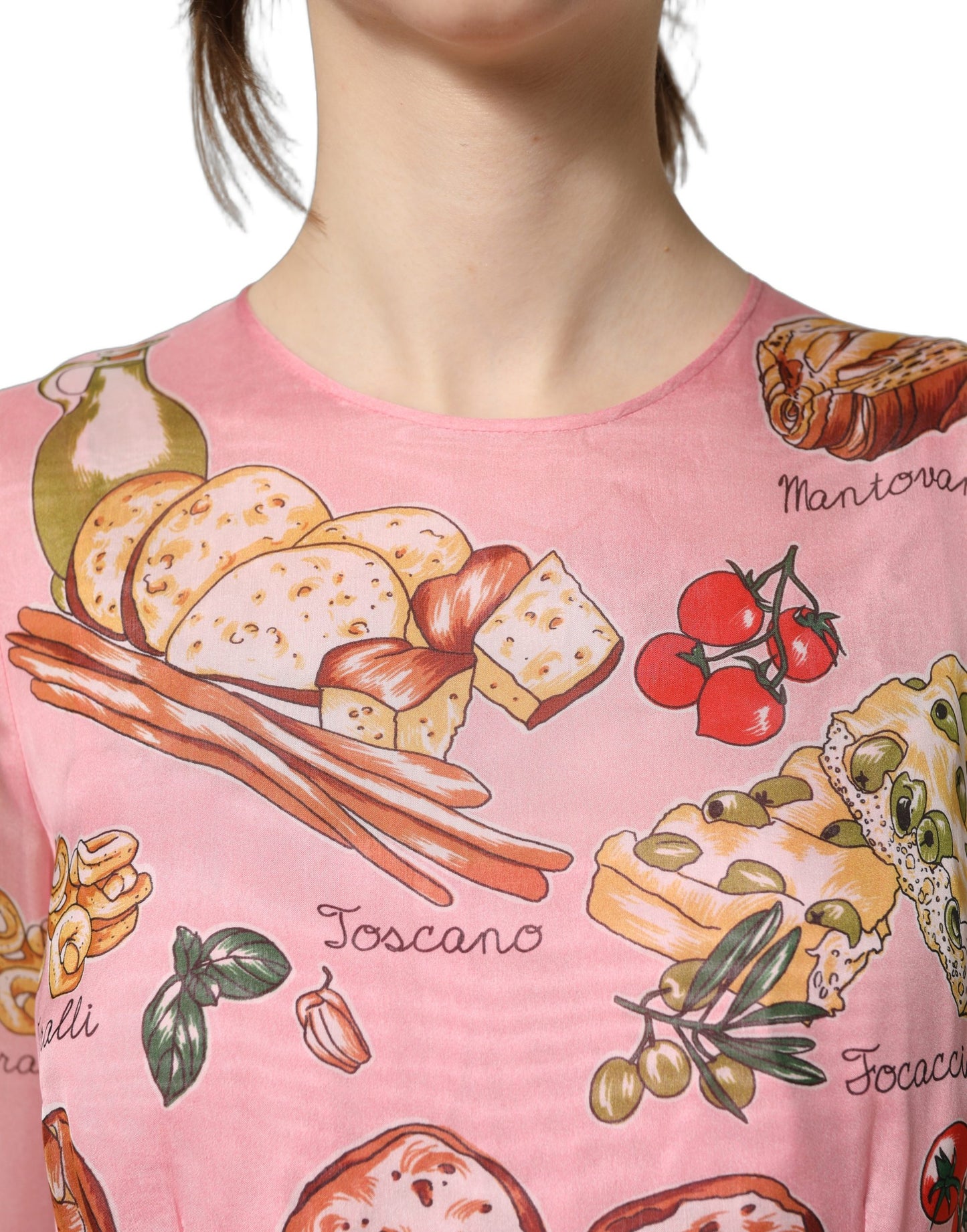 Light Pink Bread Print Pleated Maxi Dress