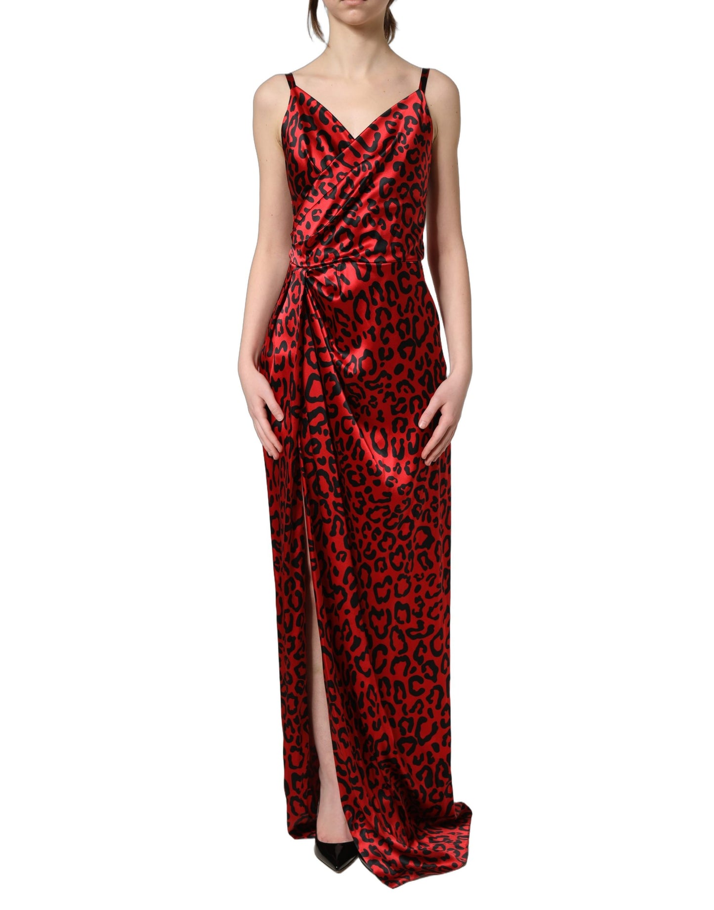 Red Leopard Draped Sleeveless Maxi Dress