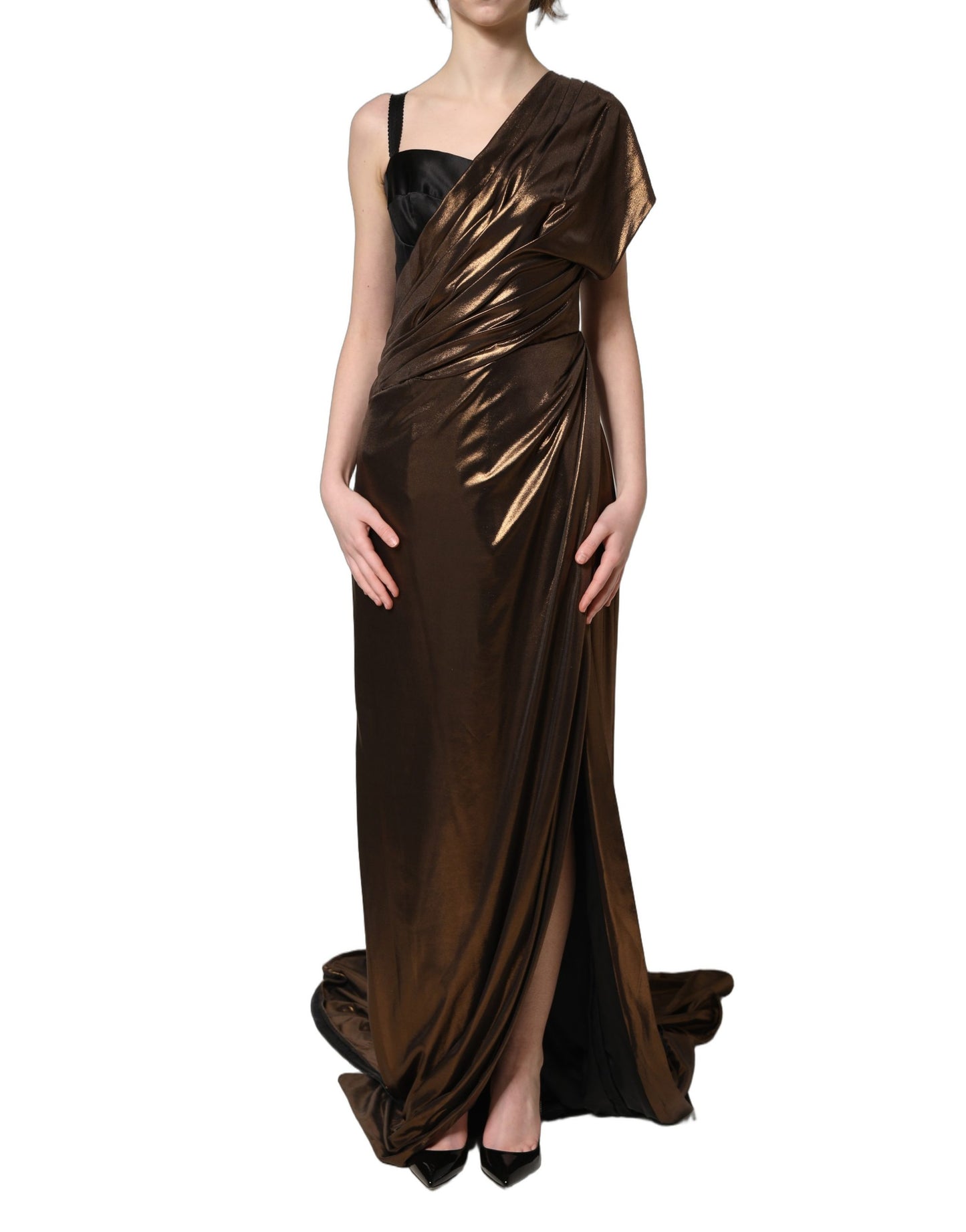Bronze Asymmetrical Draping OneShoulder Dress