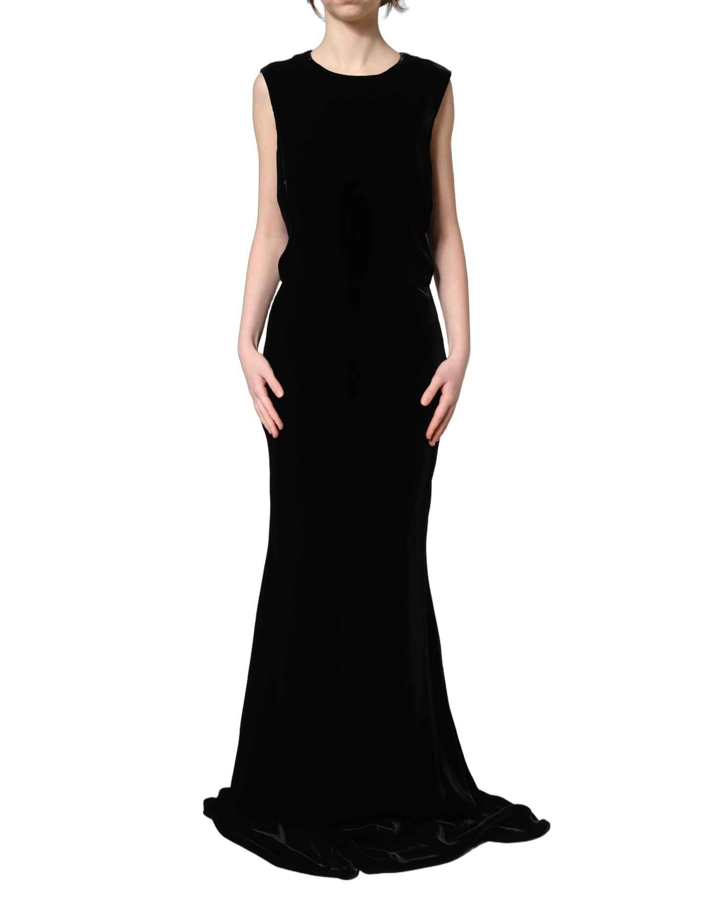 Black Viscose Velvet Floor Length Gown Dress