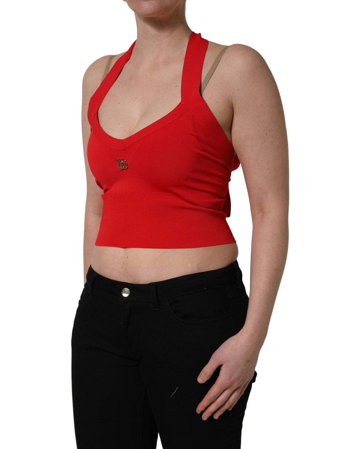 Red Viscose Sleeveless Halter Crop Tank Top