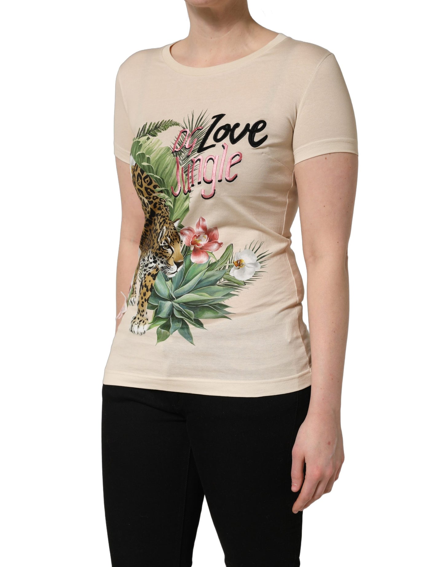 Beige Jungle Print Cotton Round Neck T-Shirt