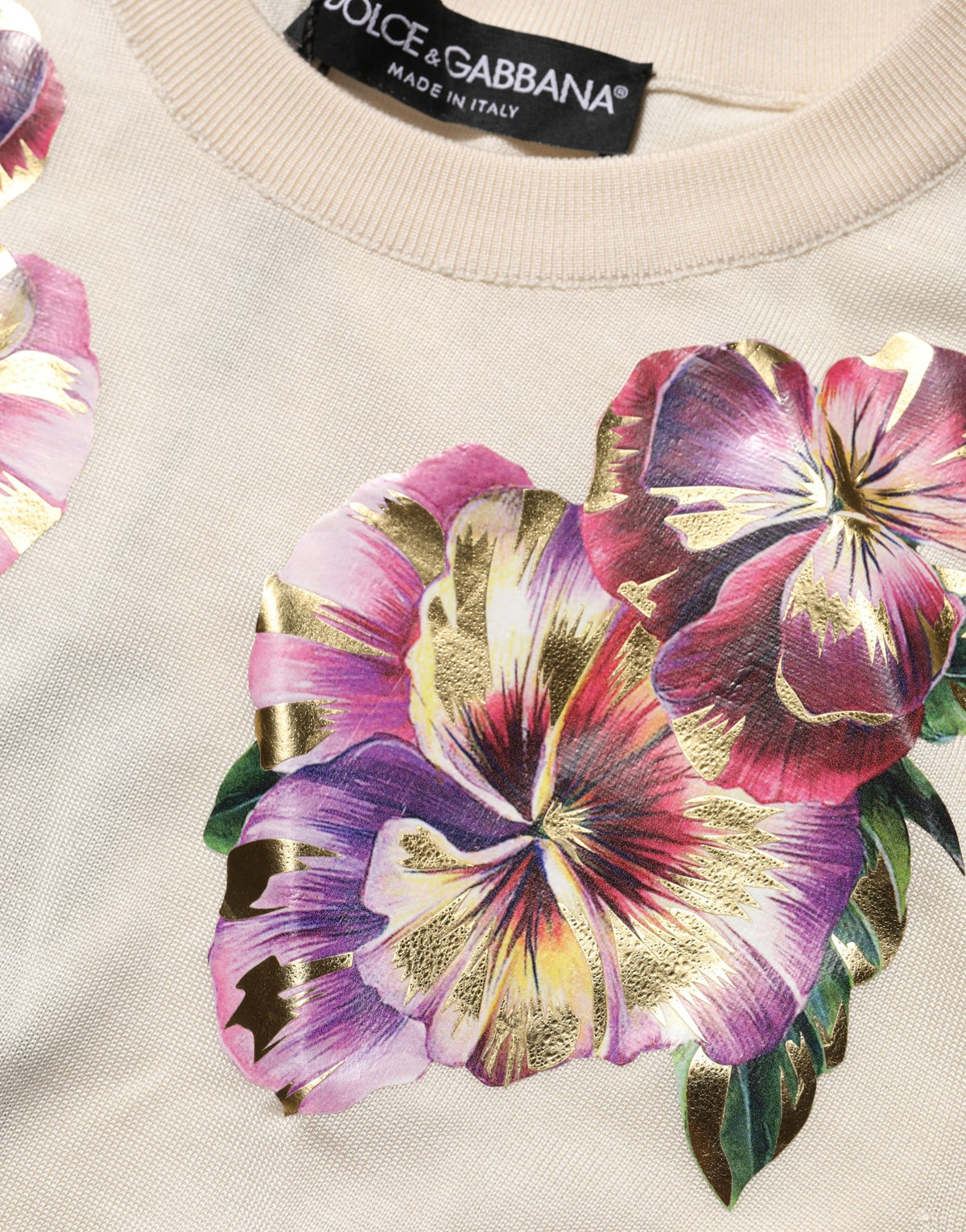 Beige Floral Print Silk CrewNeck Pullover Top