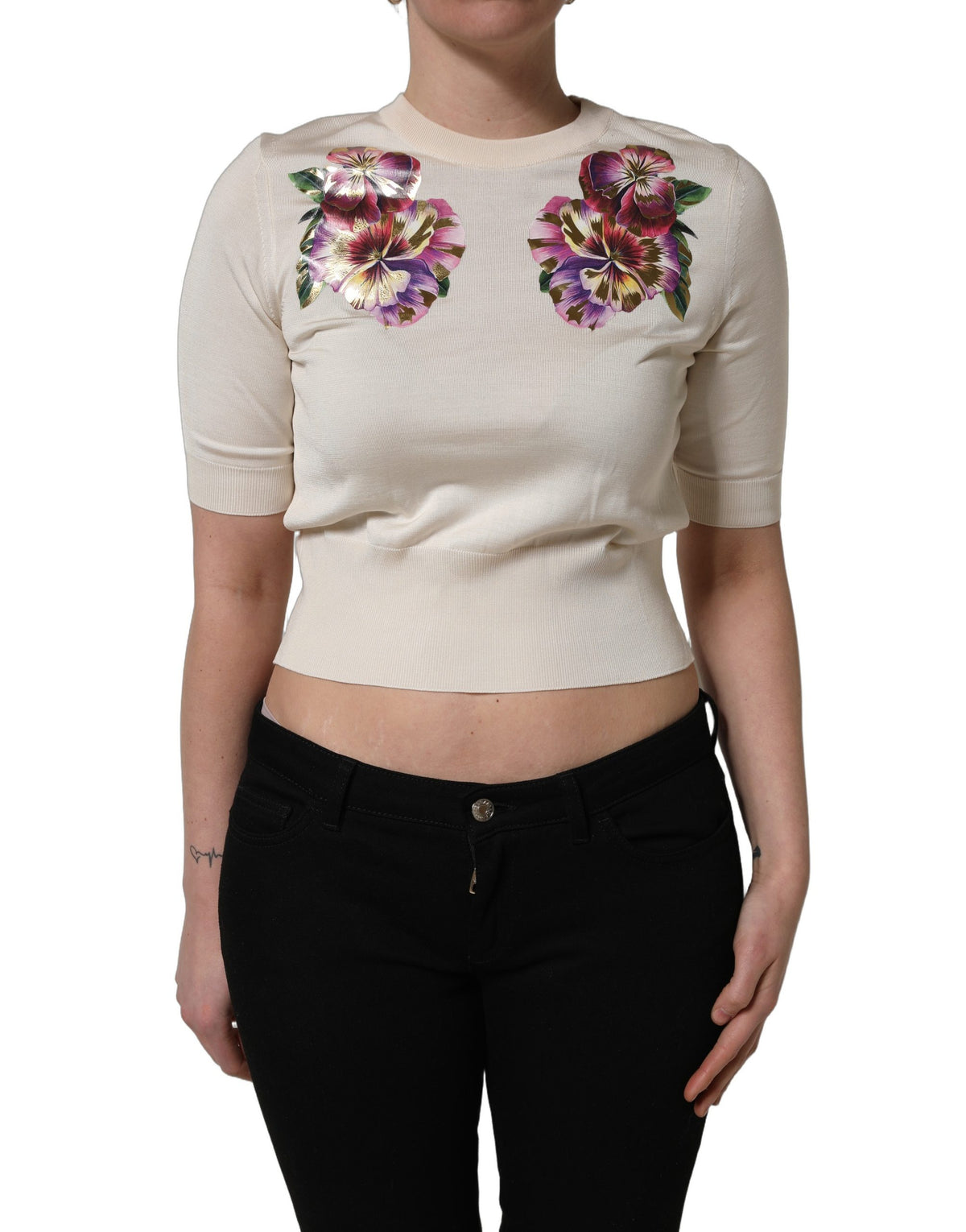 Beige Floral Print Silk CrewNeck Pullover Top