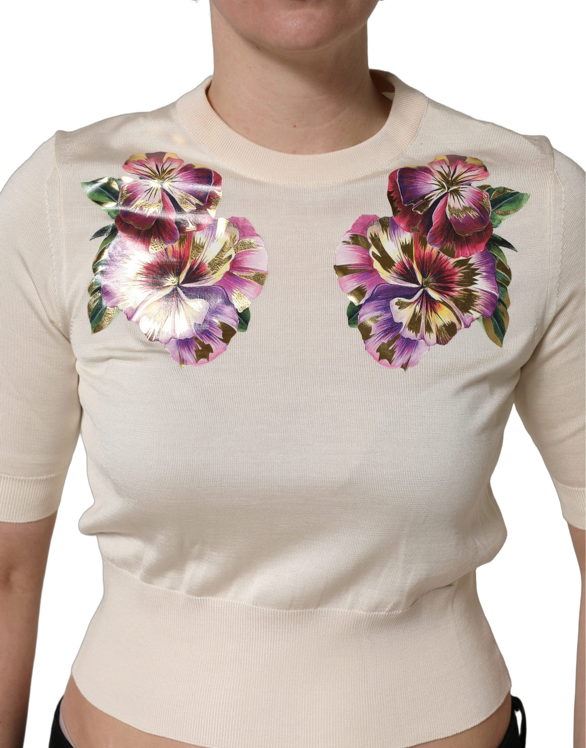 Beige Floral Print Silk CrewNeck Pullover Top