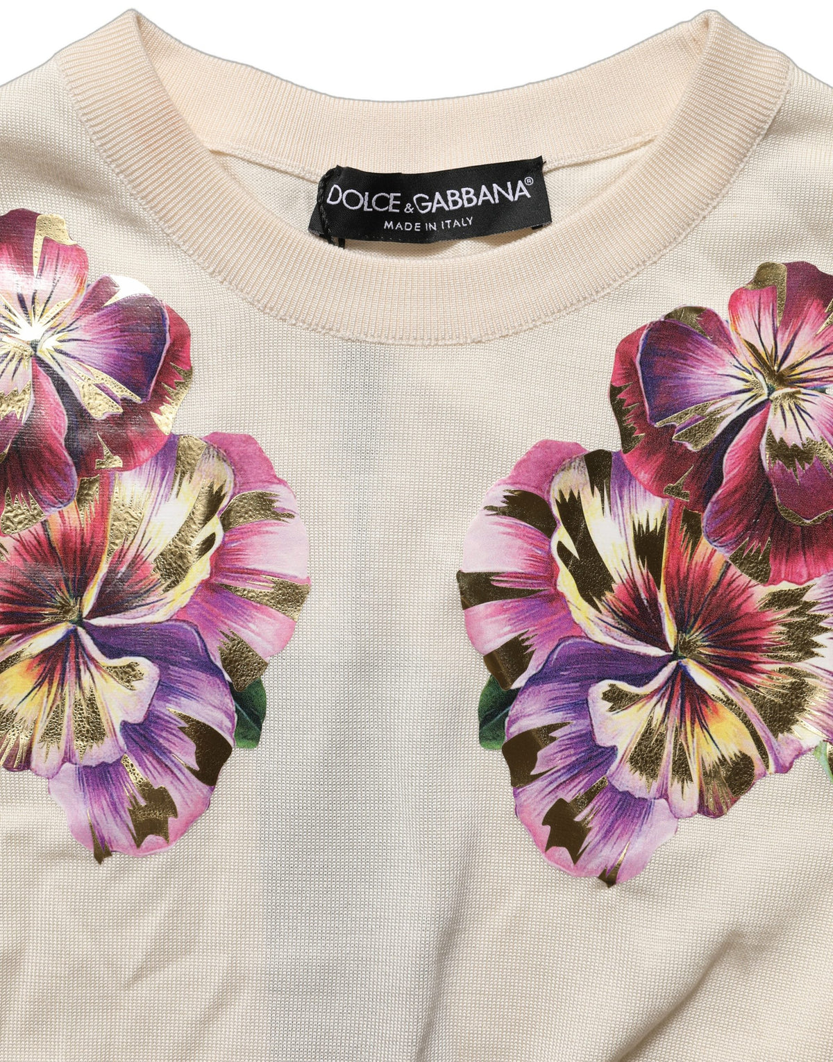 Beige Floral Print Silk CrewNeck Pullover Top