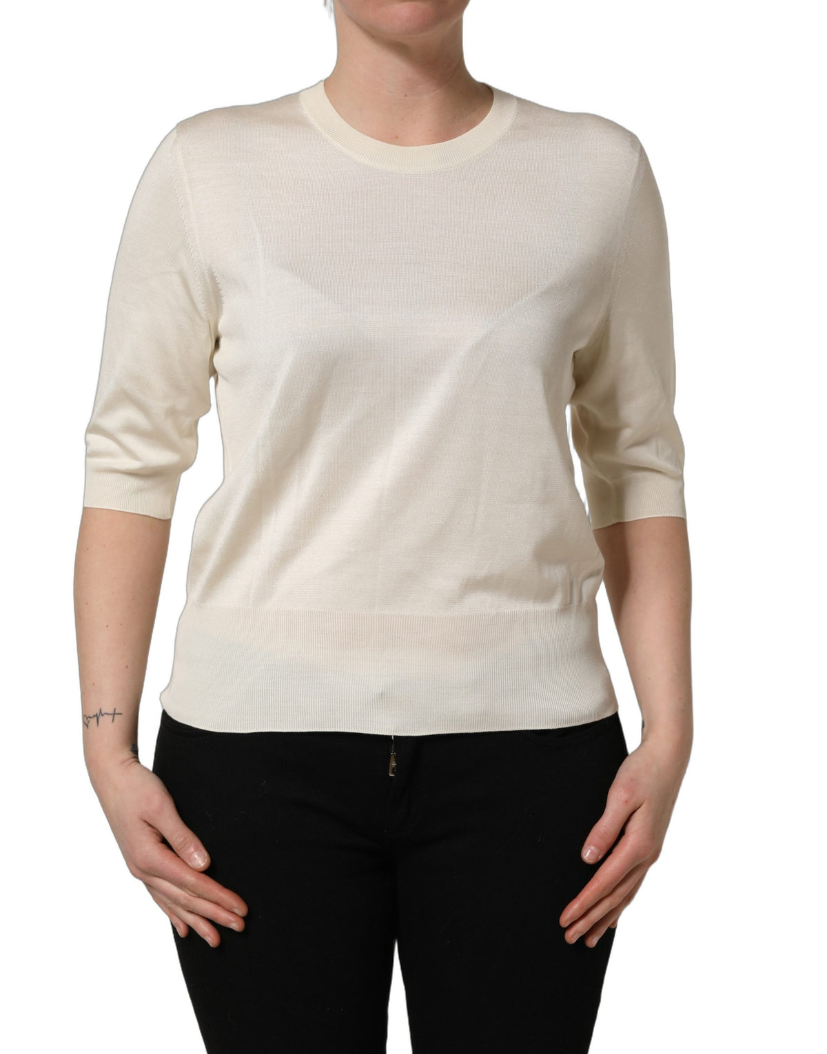 Off White 3/4 Sleeves Crewneck Pullover Sweater