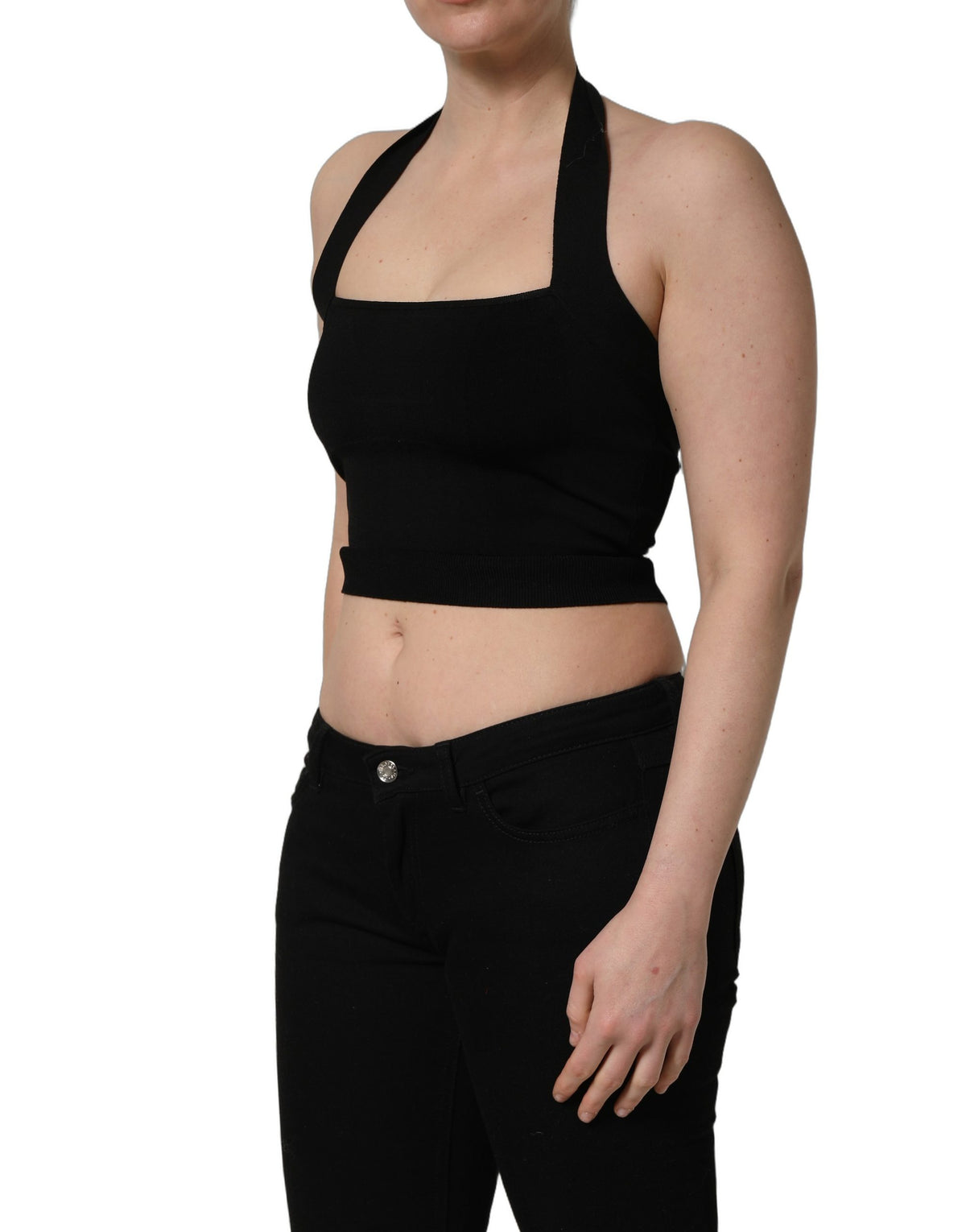 Black Square Neck Halter Cropped Tank Top
