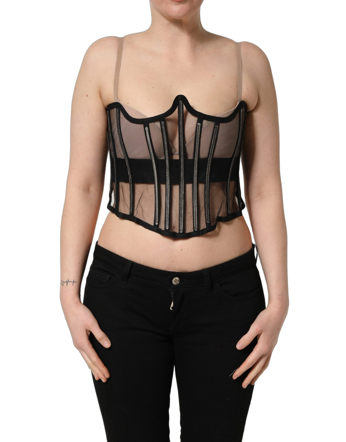 Black Sheer Tulle Bodysuit Cropped Corset Top