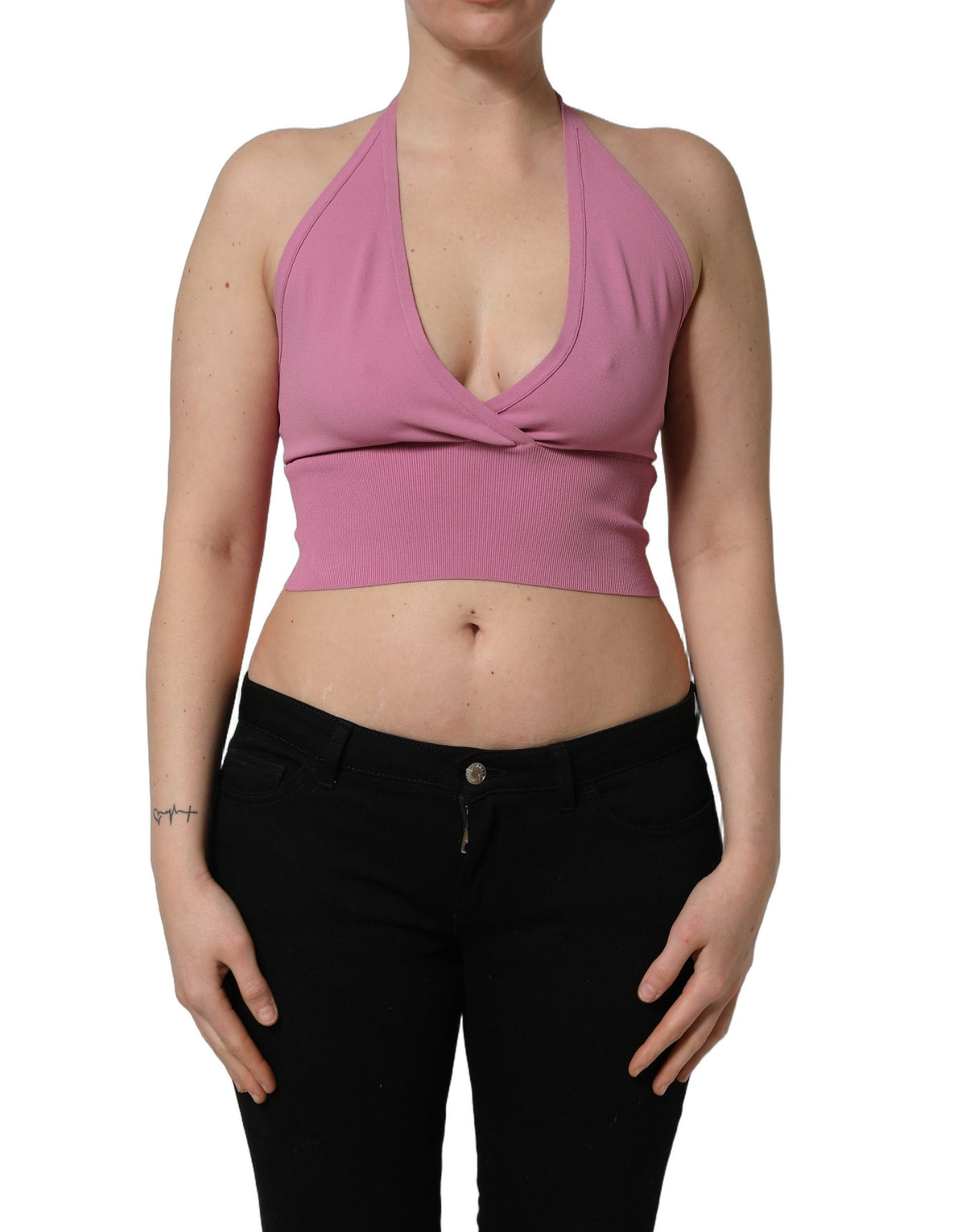 Pink Halter Neck Fitted Cropped Tank Top