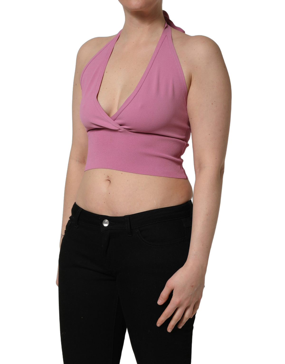 Pink Halter Neck Fitted Cropped Tank Top