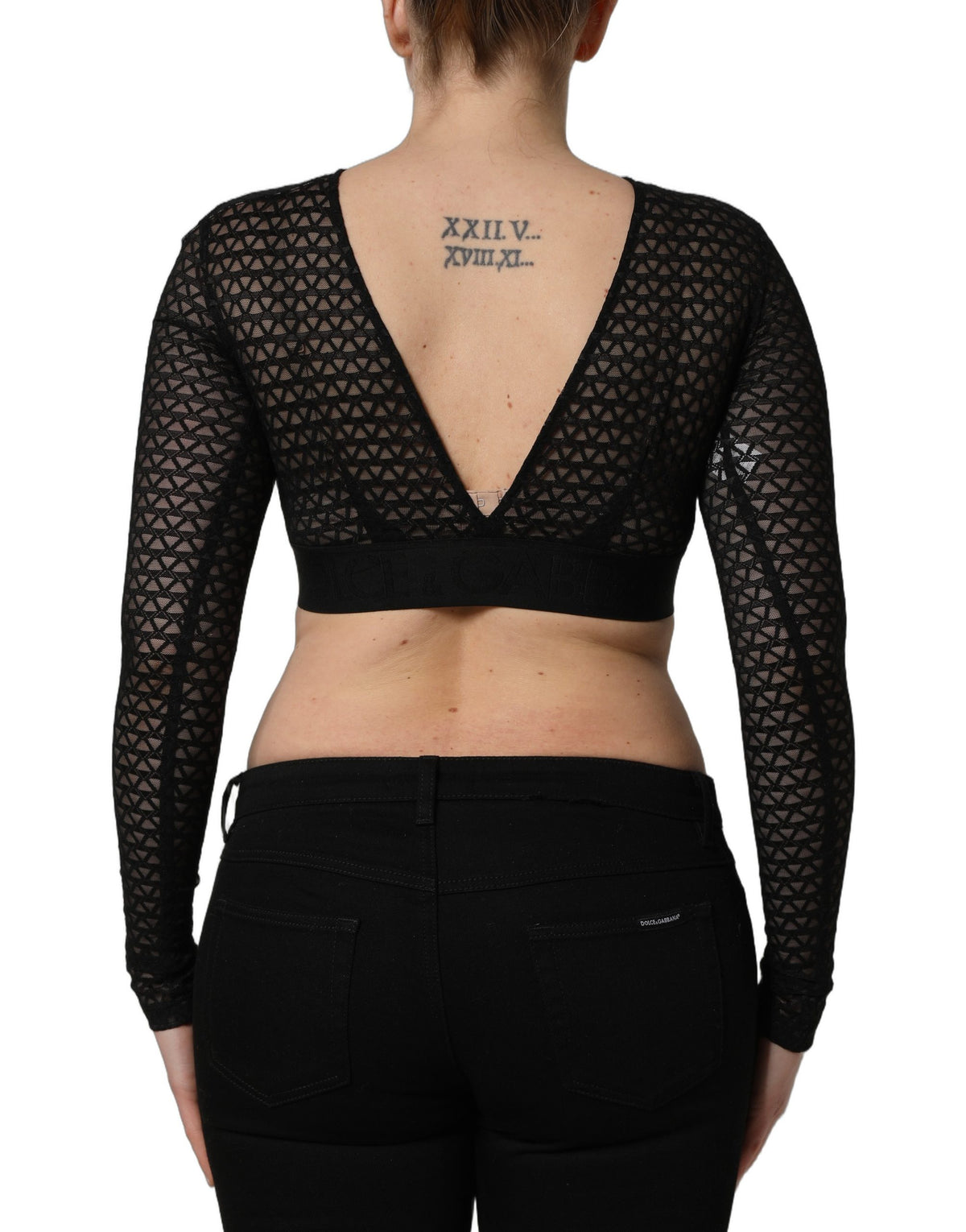 Black Nylon Fishnet Long Sleeve Cropped Top