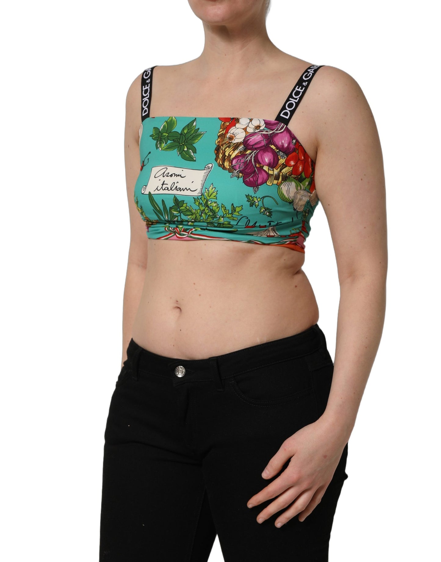 Turquoise Vegetable Print Silk Crop Tank Top