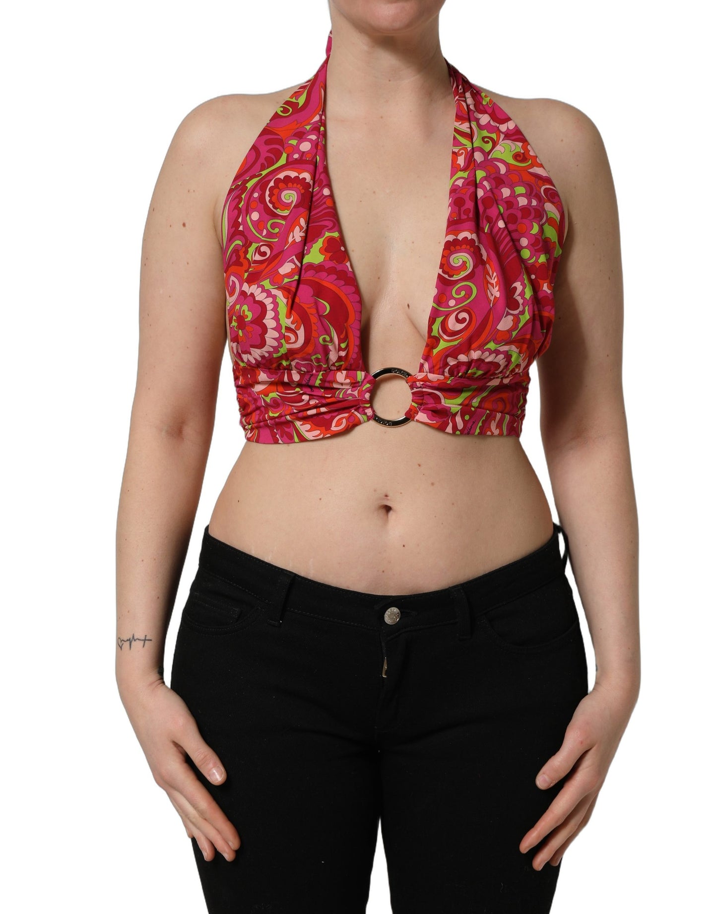 Red Paisley Silk Halter Neck Crop Tank Top