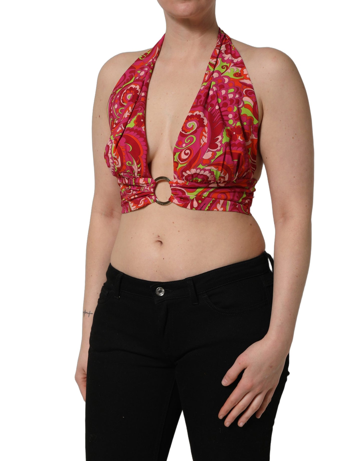 Red Paisley Silk Halter Neck Crop Tank Top