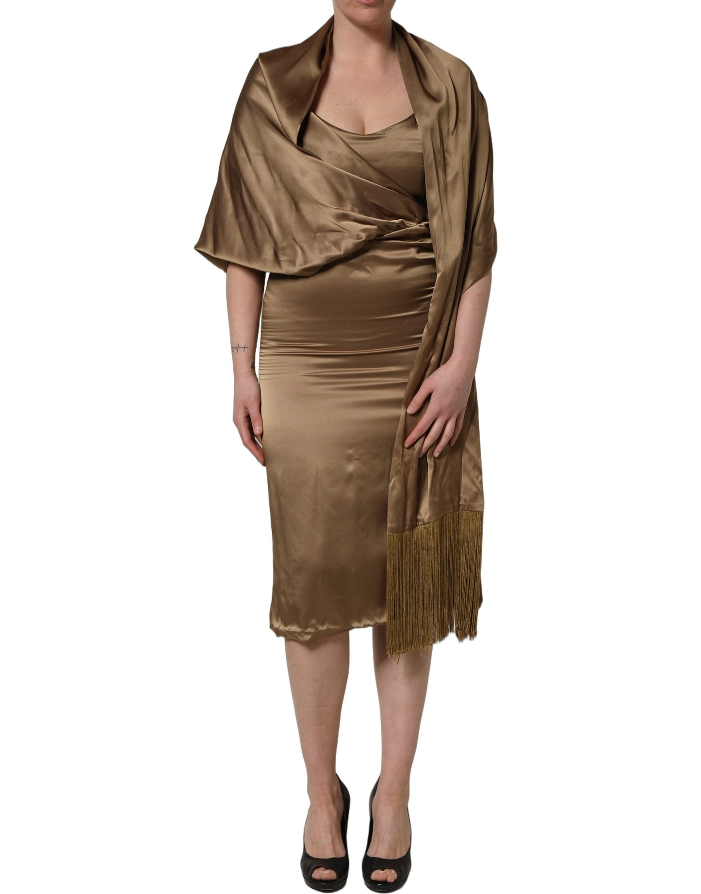 Bronze Toned Satin Fringe Hemmed Shawl Midi Dress