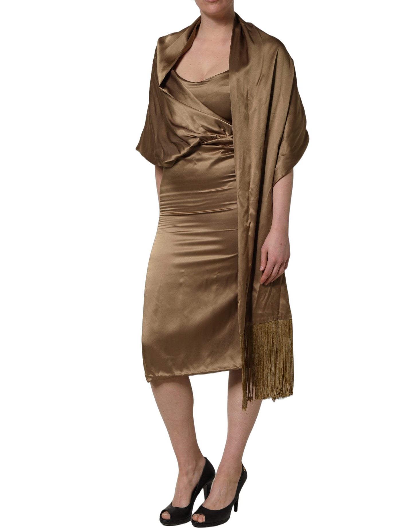 Bronze Toned Satin Fringe Hemmed Shawl Midi Dress
