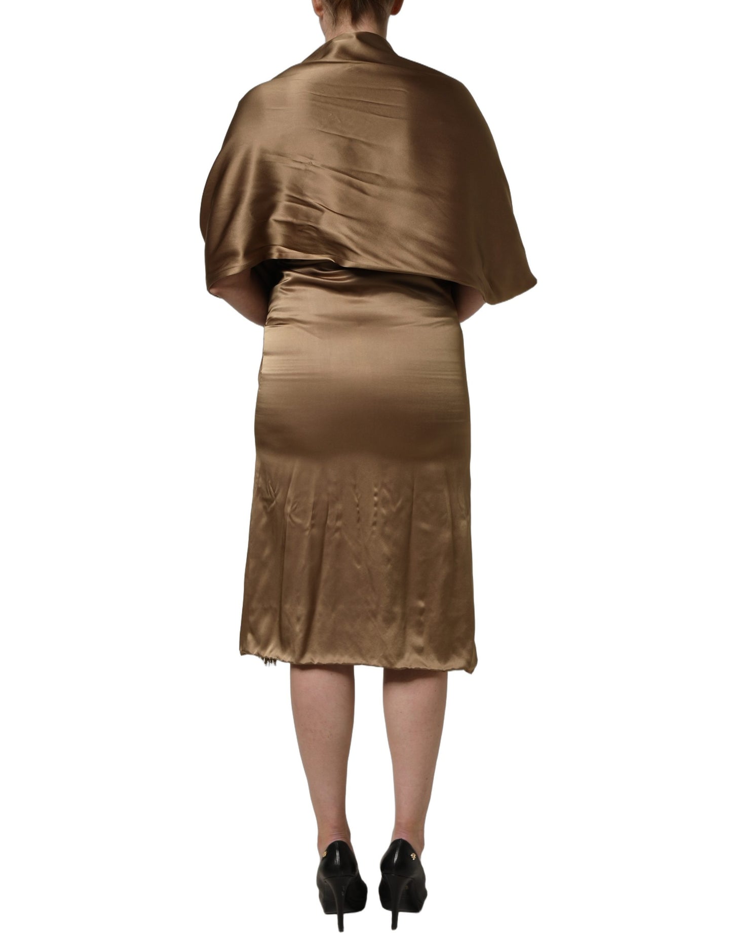 Bronze Toned Satin Fringe Hemmed Shawl Midi Dress