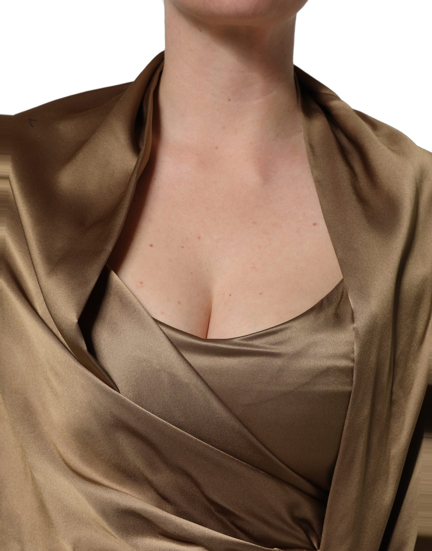 Bronze Toned Satin Fringe Hemmed Shawl Midi Dress