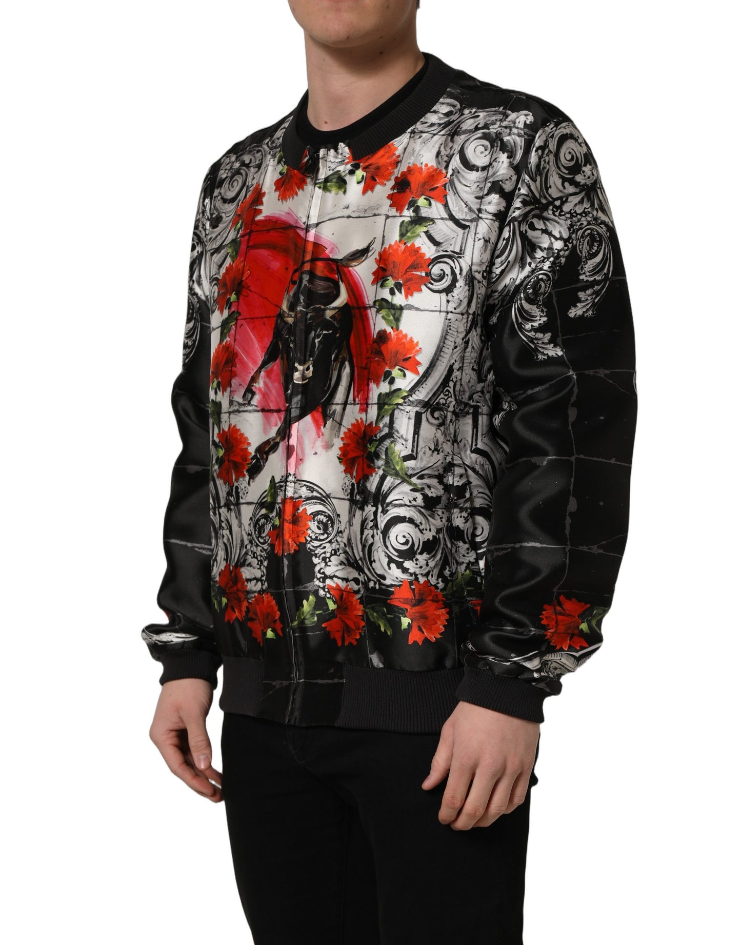 Multicolor Majolica Bull Print Bomber Jacket
