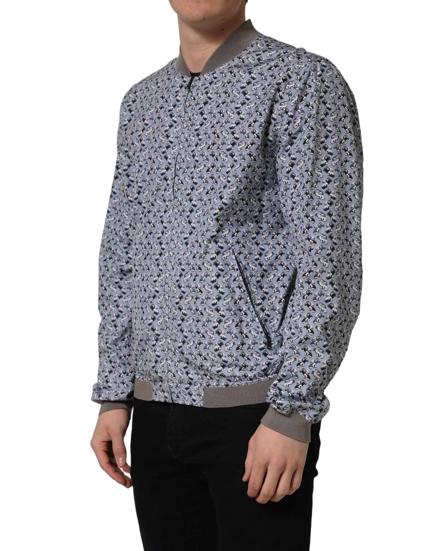 Light Blue Cotton Car Print Bomber Jacket