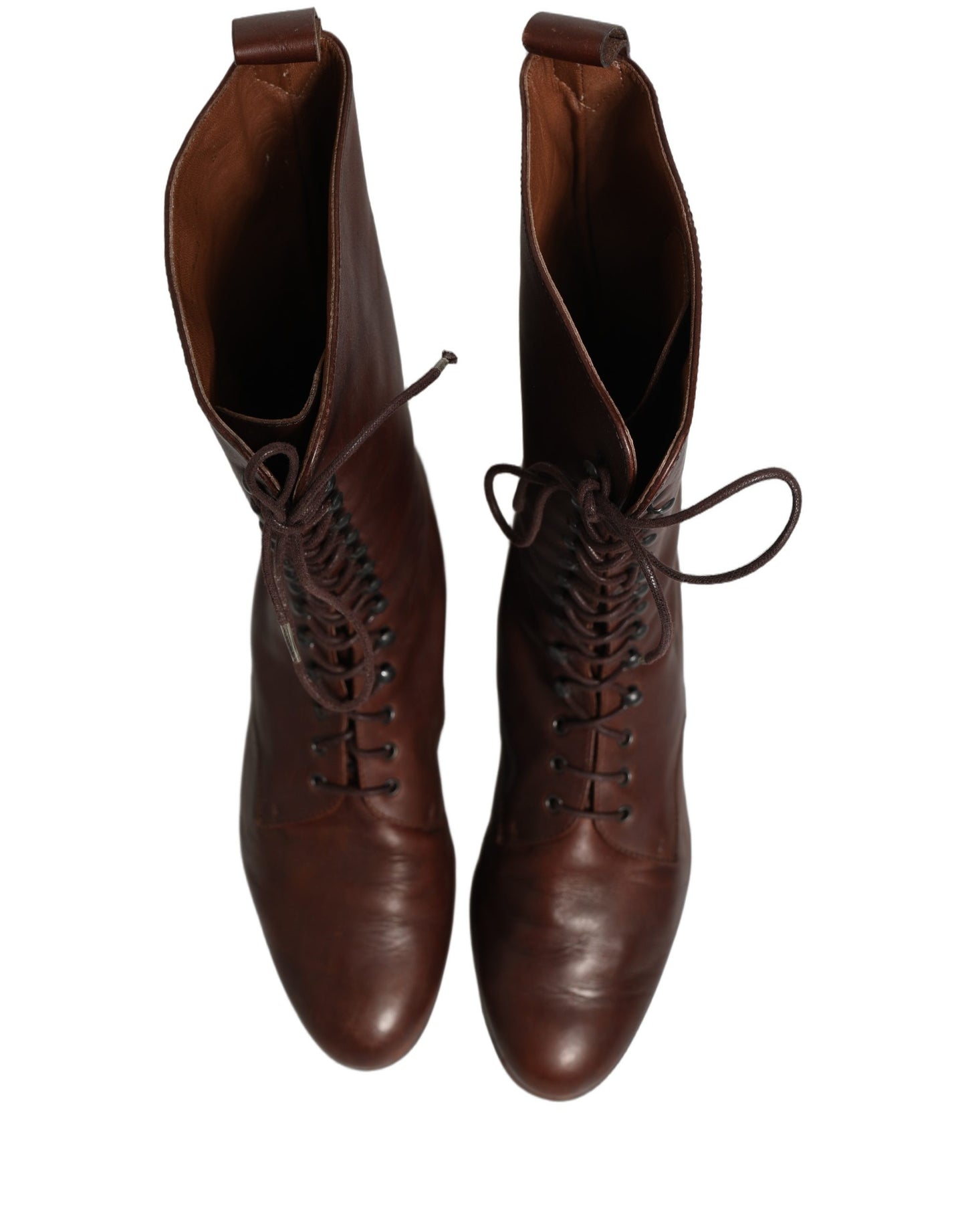 Brown Leather Lace Up Mid Calf Boots Shoes
