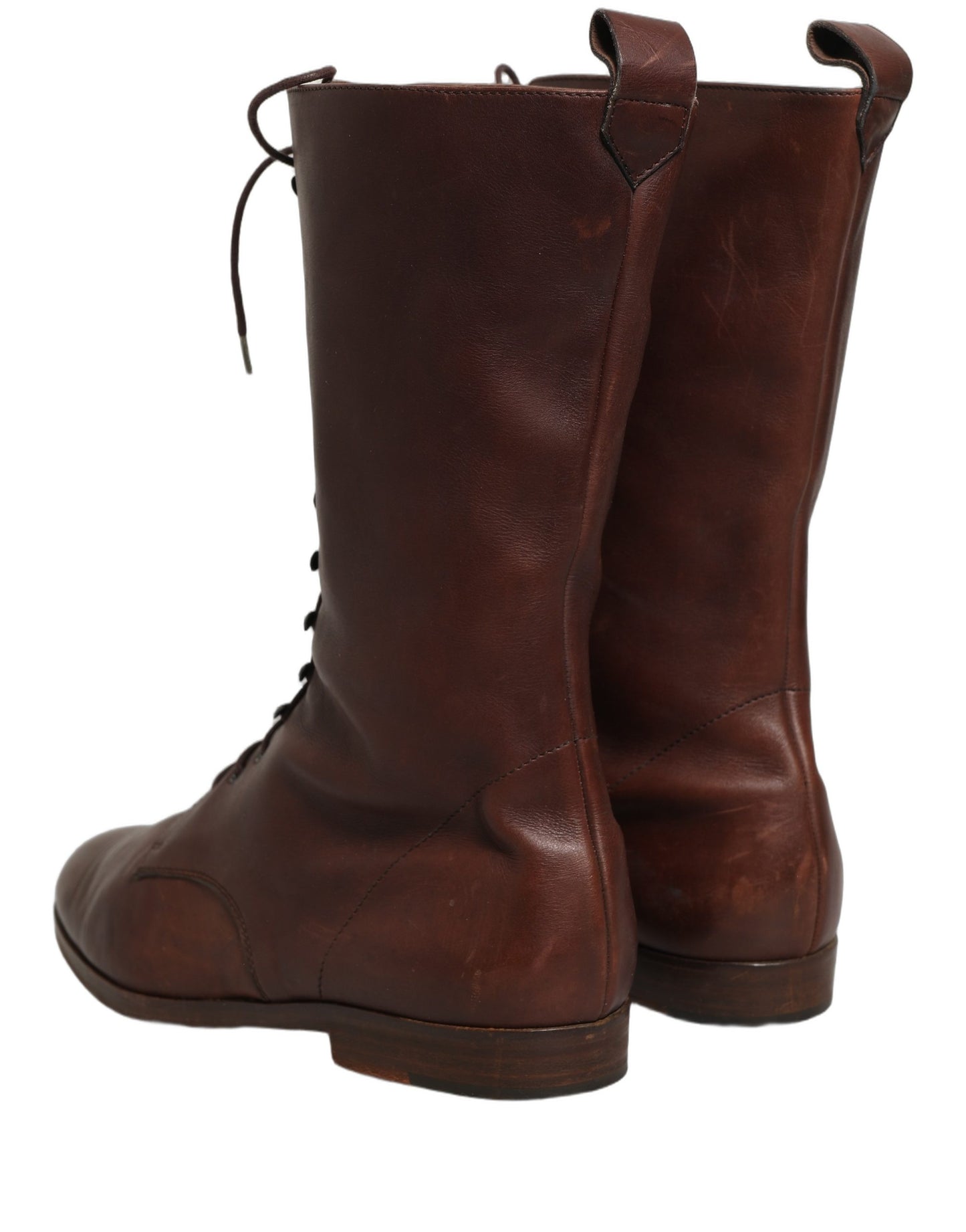 Brown Leather Lace Up Mid Calf Boots Shoes