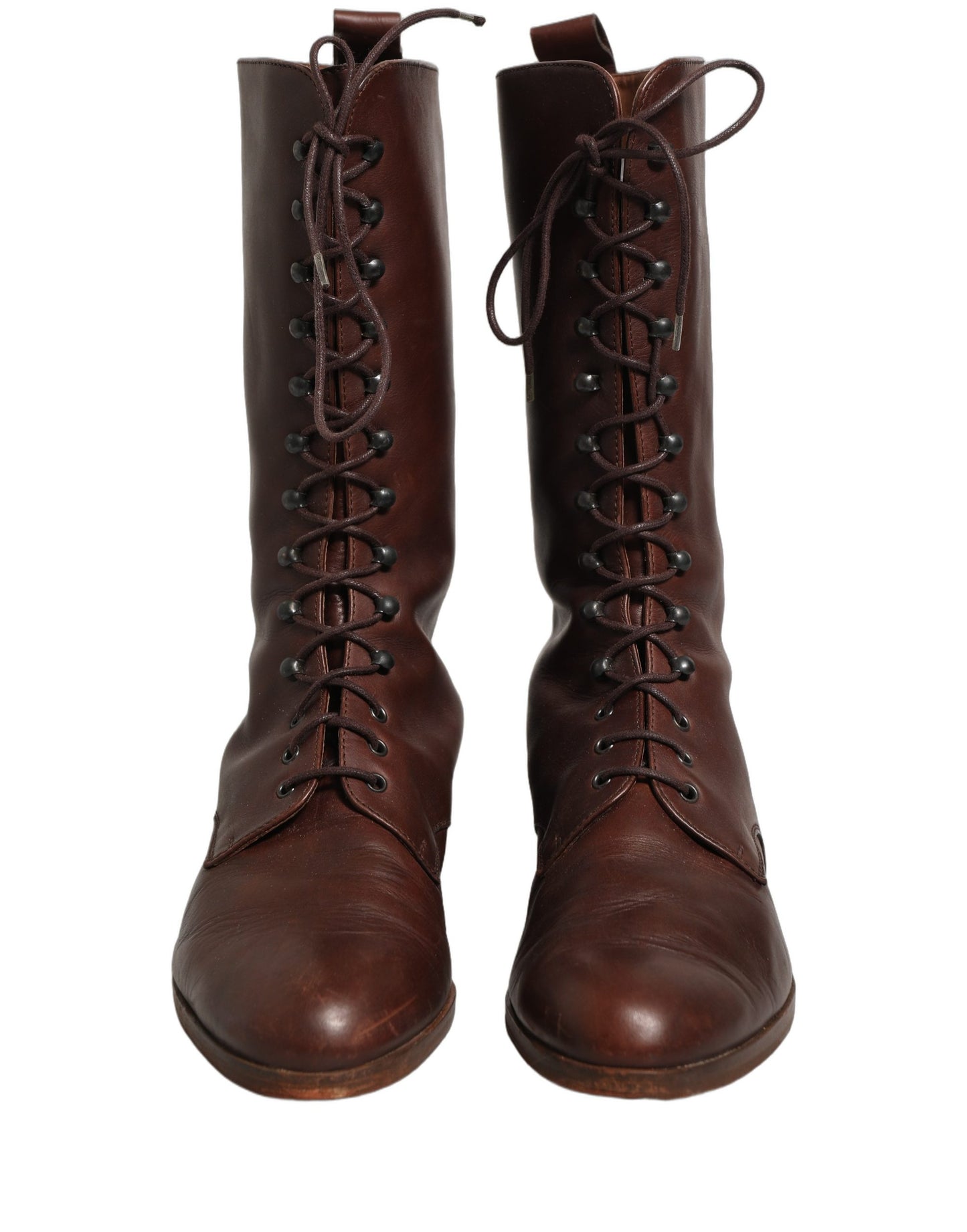 Brown Leather Lace Up Mid Calf Boots Shoes