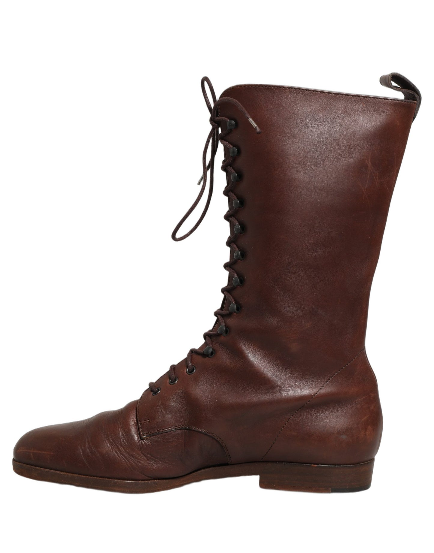 Brown Leather Lace Up Mid Calf Boots Shoes