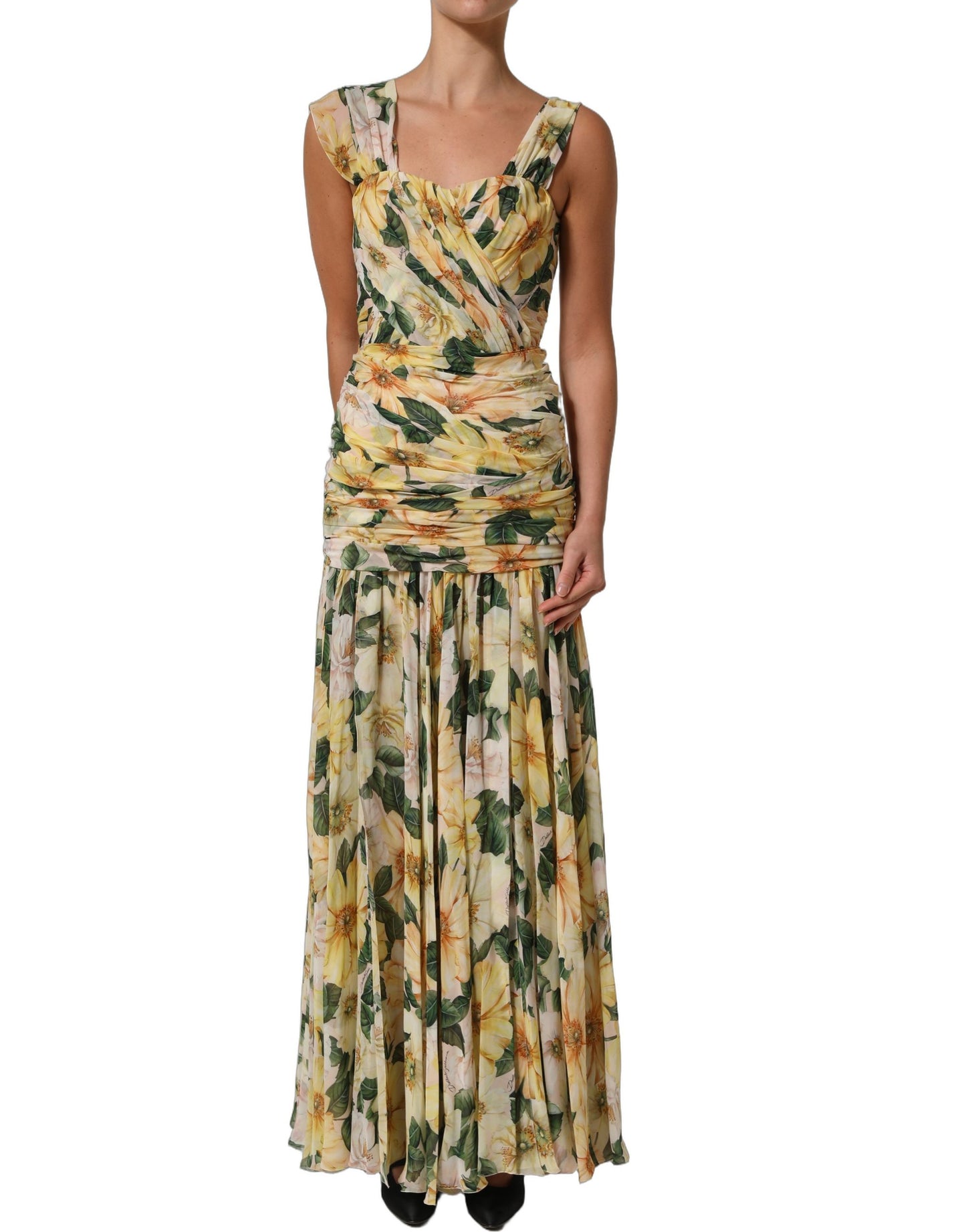 Yellow Floral Print Silk Pleated Maxi Dress