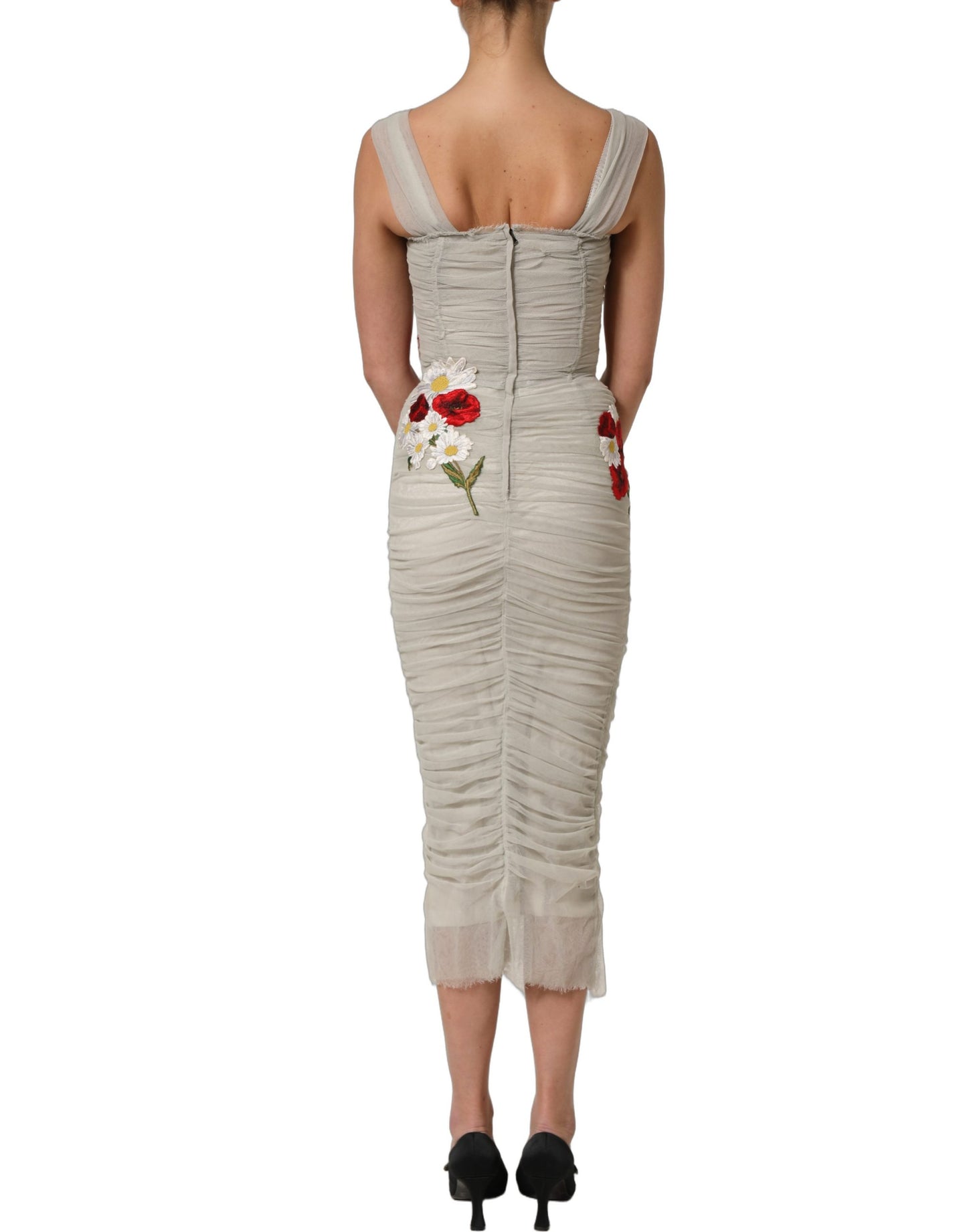 Light Gray Rose Embroidery Sheath Midi Dress
