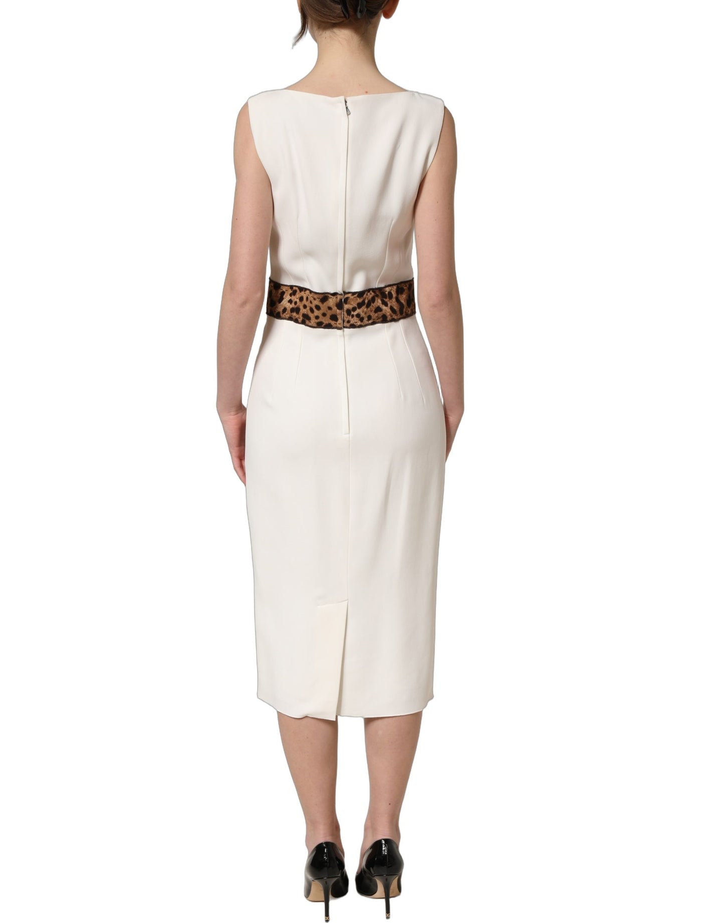 White Leopard Sleeveless Sheath Midi Dress