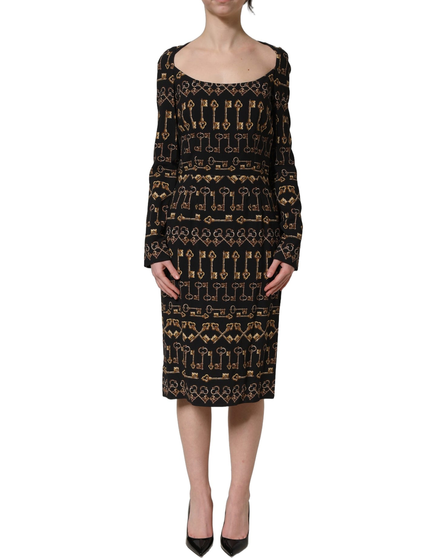 Black Key Print Long Sleeves Sheath Midi Dress
