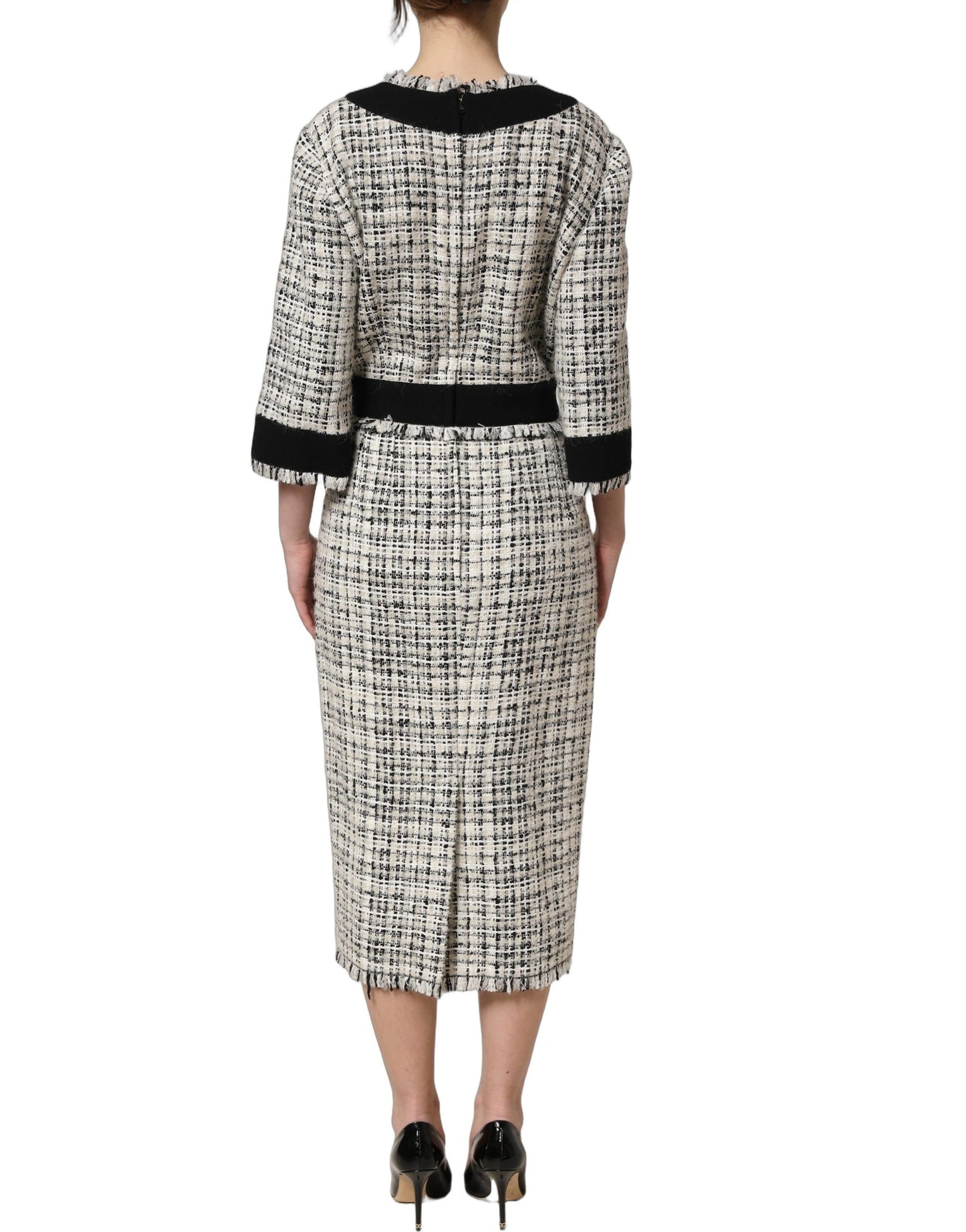 Multicolor Bouclé Tweed Frayed Trim Midi Dress