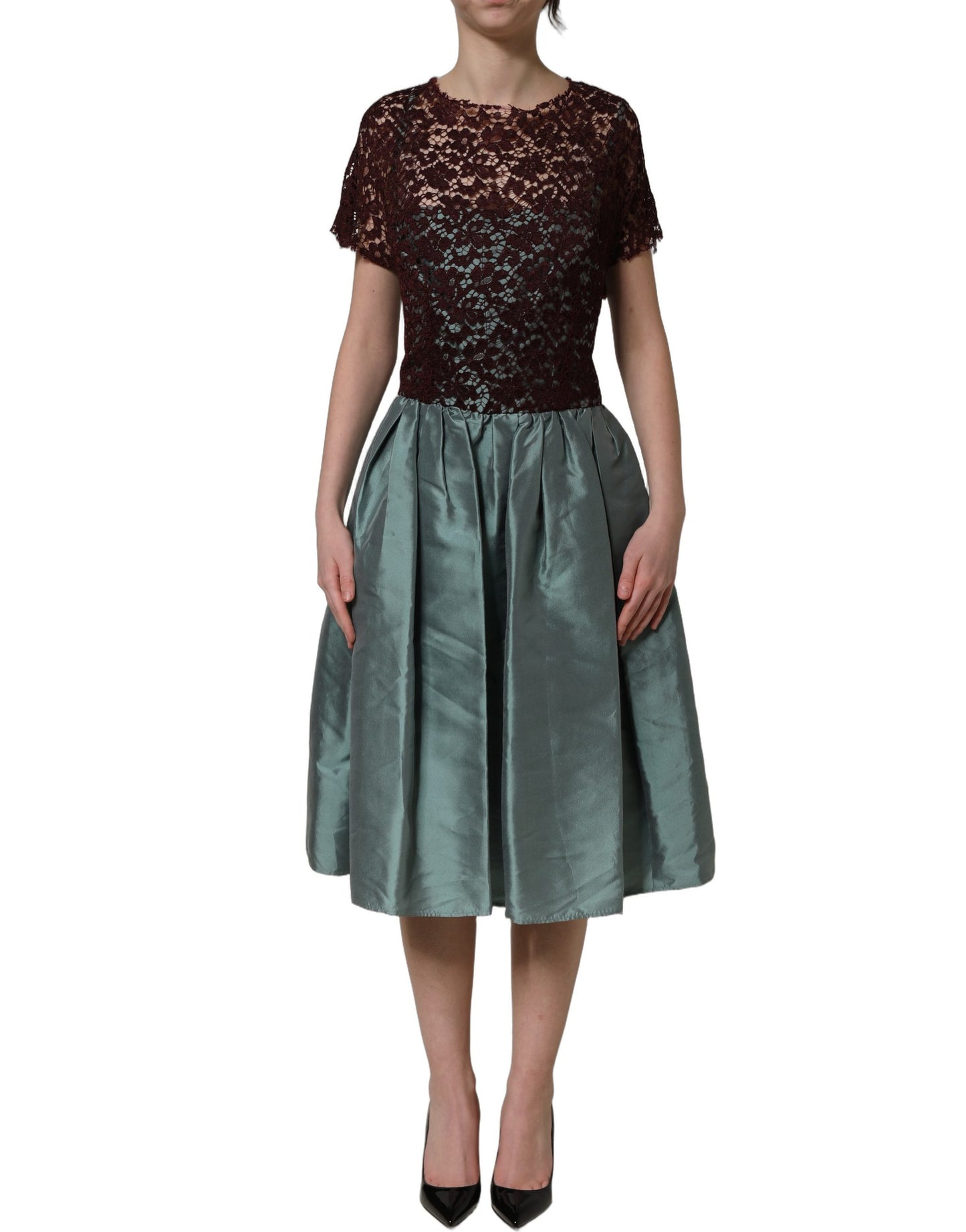 Multicolor Floral Lace Taffeta Pleated Midi Dress