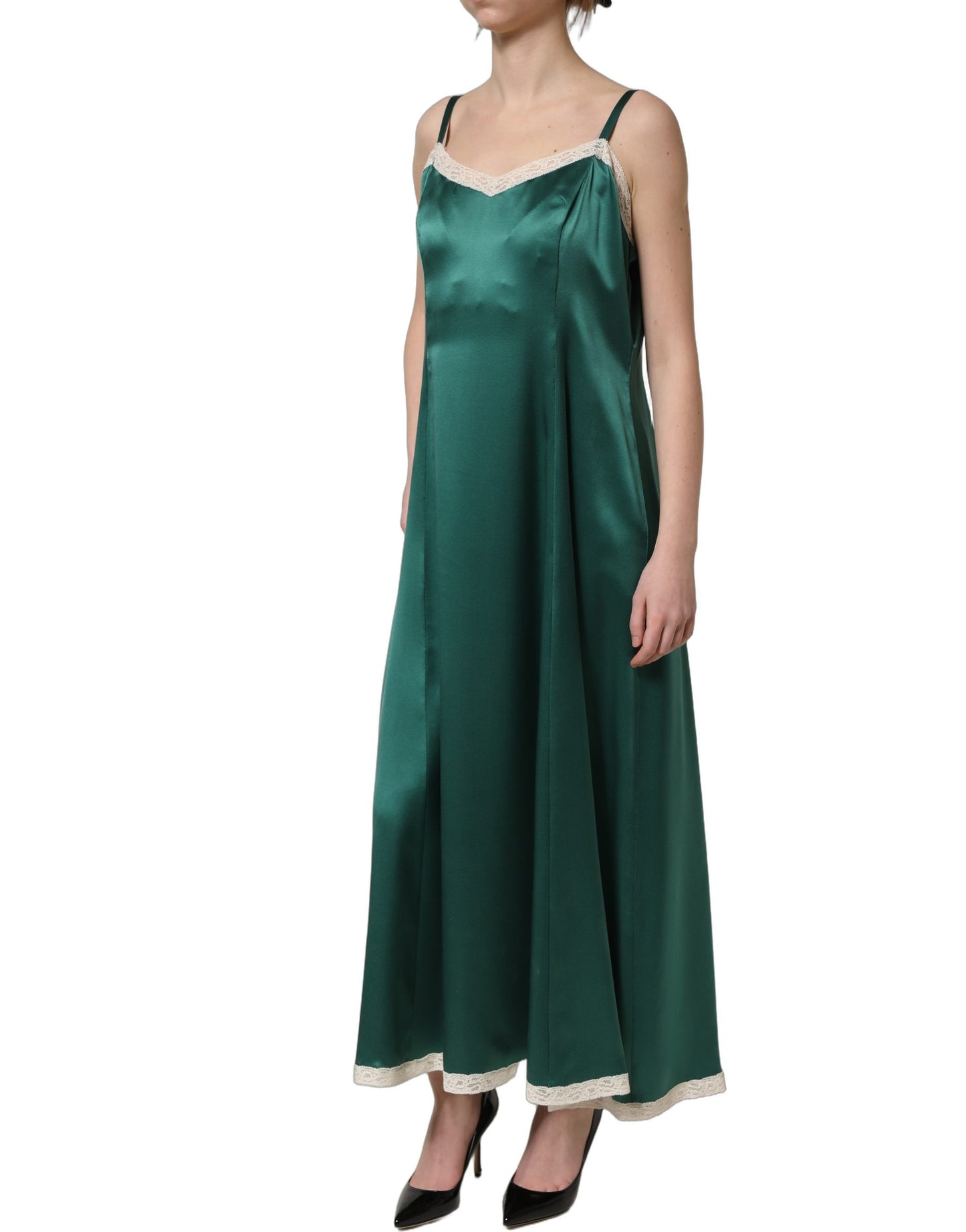 Green Satin Lace Trim Sleeveless Maxi Dress