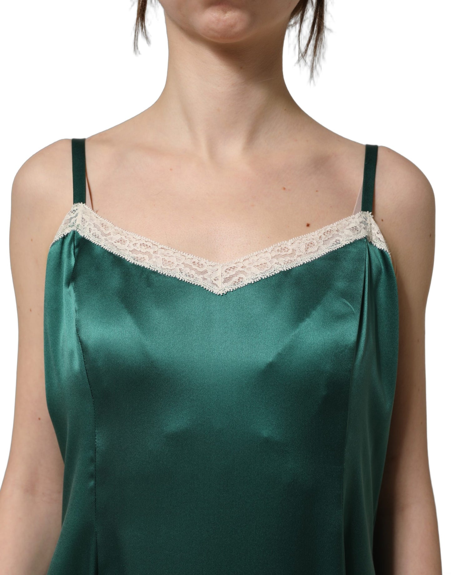 Green Satin Lace Trim Sleeveless Maxi Dress