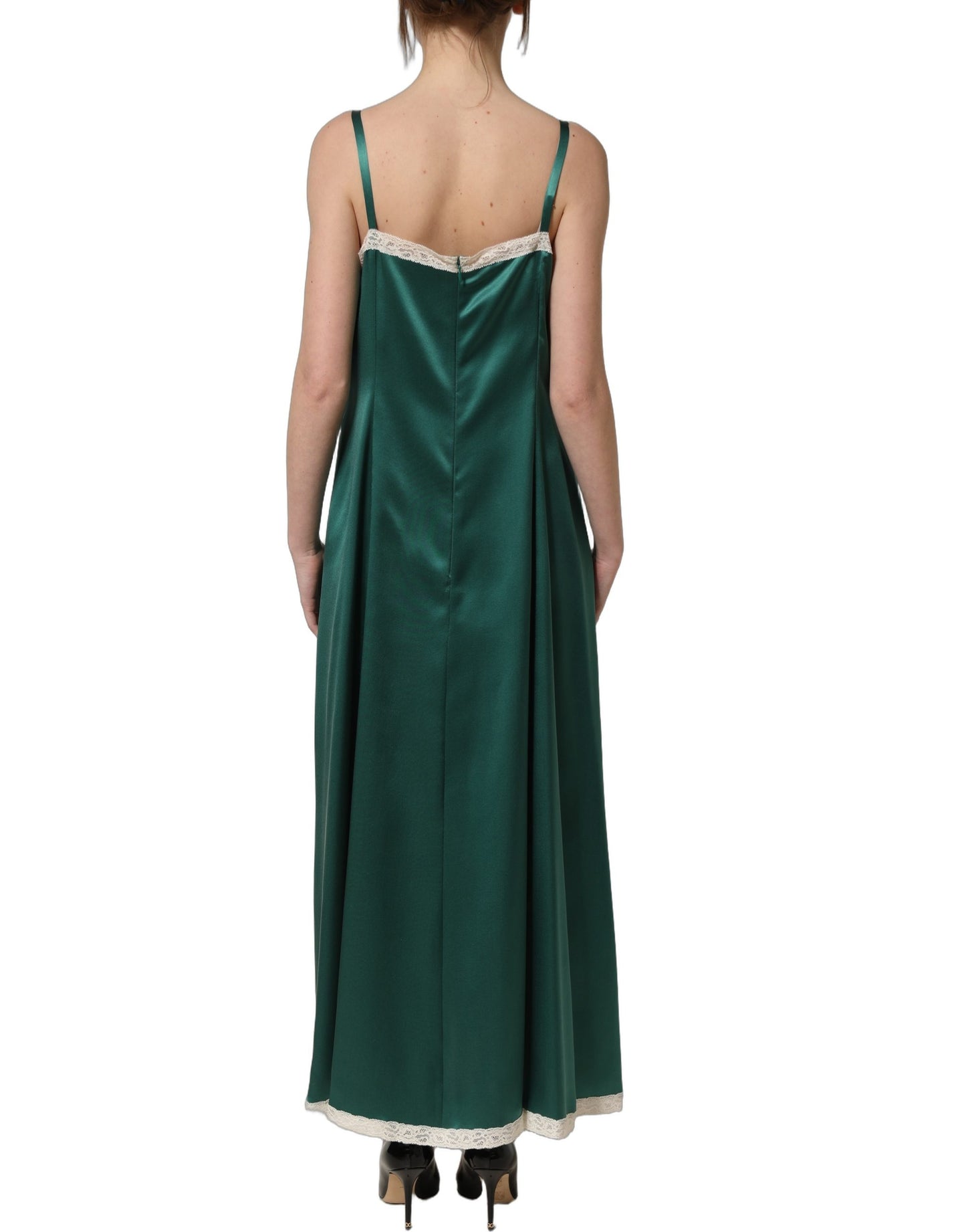 Green Satin Lace Trim Sleeveless Maxi Dress